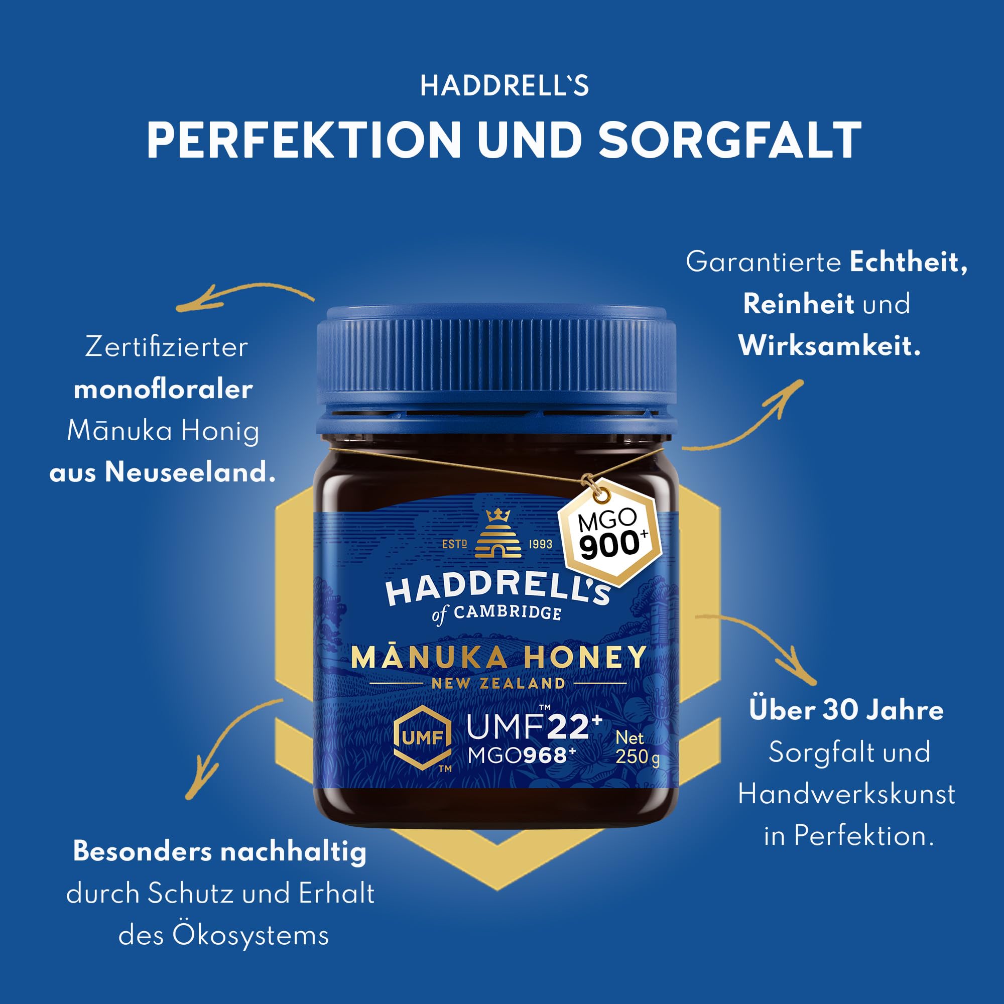 Haddrell's of Cambridge Manuka Honig 1000 MGO circa (UMF 22+) 250g | Zertifizierter Manukahonig aus Neuseeland – Reich an Methylglyoxal – Nachhaltig, roh und mit hohem MGO - Rohhonig