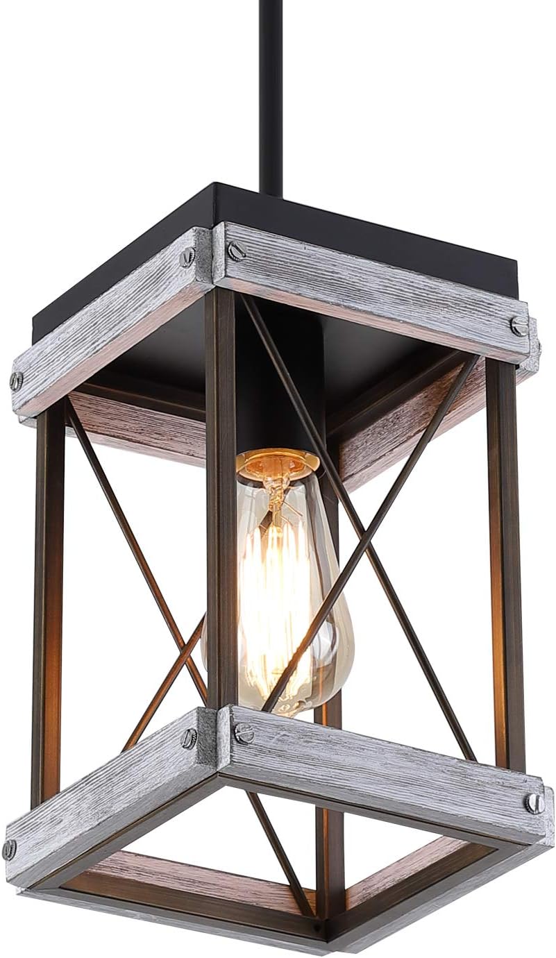 Rustic Farmhouse Wood Pendant Light with Wood and Metal Cage, One-Light Adjustable Rods Mini Pendant Lighting Fixture for Kitchen Island Cafe Bar, Antique Gold and Black