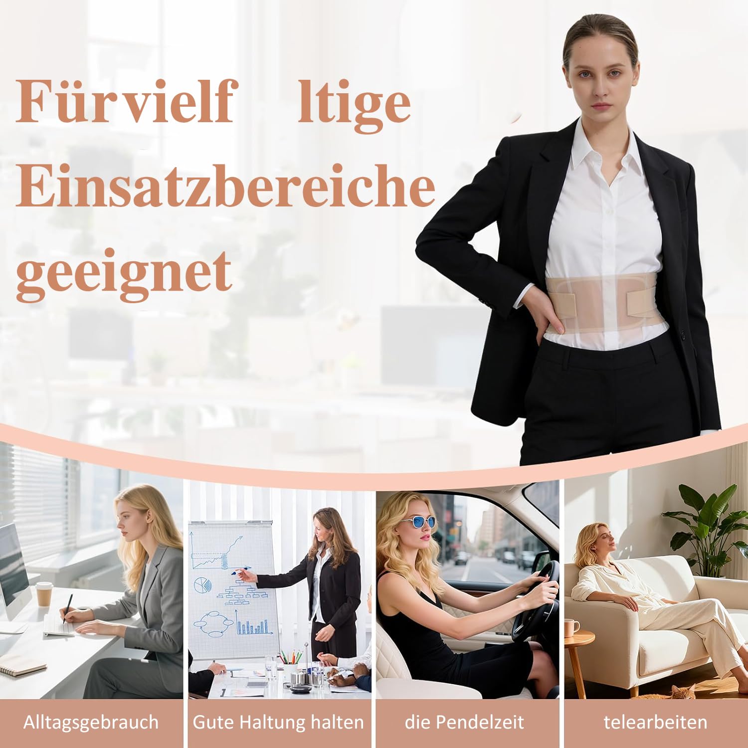 Cinturón de apoyo lumbar ultrafino e invisible para mujer, cinturón lumbar para mujer, cinturón lumbar transpirable para el día a día, oficina, deporte y hogar, discreta debajo de la ropa, marrón, M