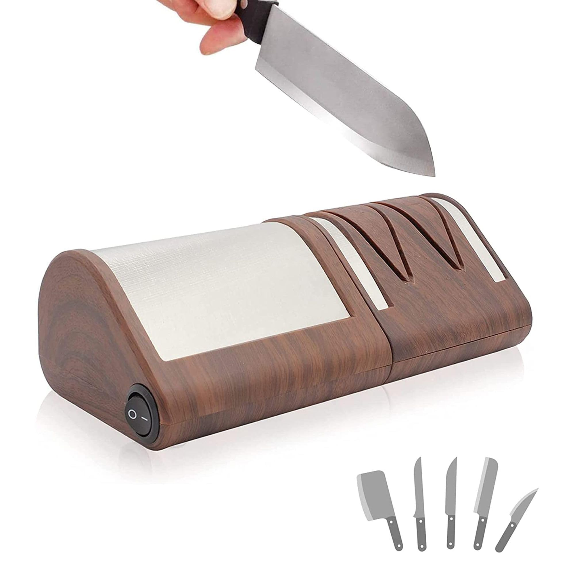 FISHTEC Afilador Eléctrico de Cuchillos de cocina - Afilado + Pulido a 2 niveles - Cuchillos metal o cerámica - Discos abrasivos de diamante - 21 CM - Efecto Madera