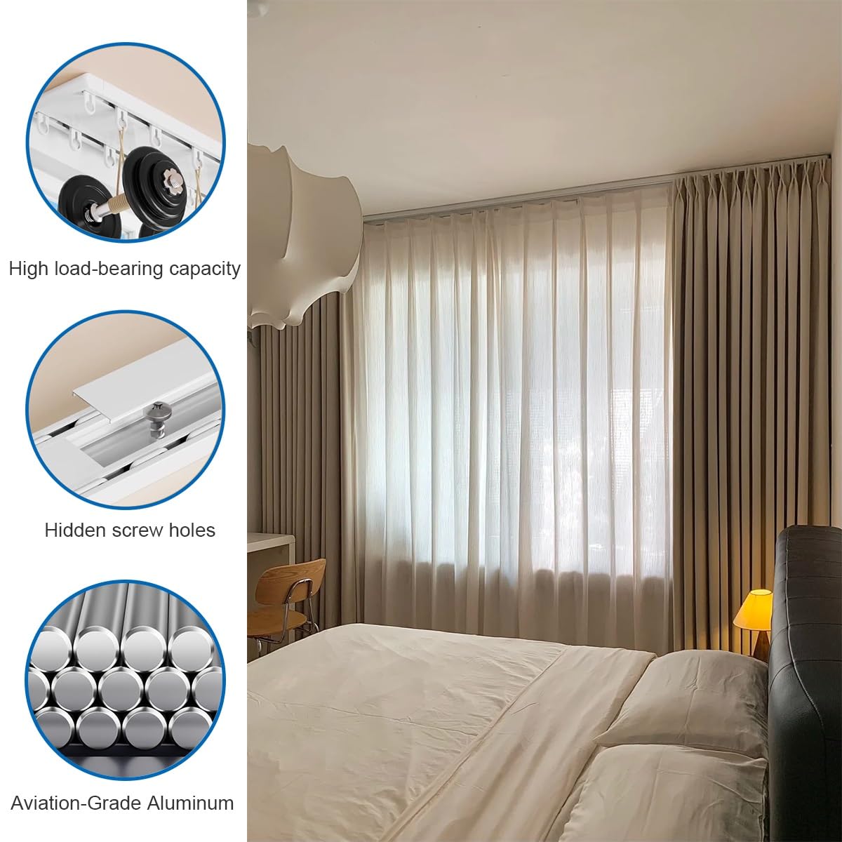 Rails de rideaux doubles ultra-fins et silencieux en aluminium pour fenêtres de camping-car et de chambre à coucher – Séparation d'intimité à montage au plafond, facile à installer, réglable de 5 à 8