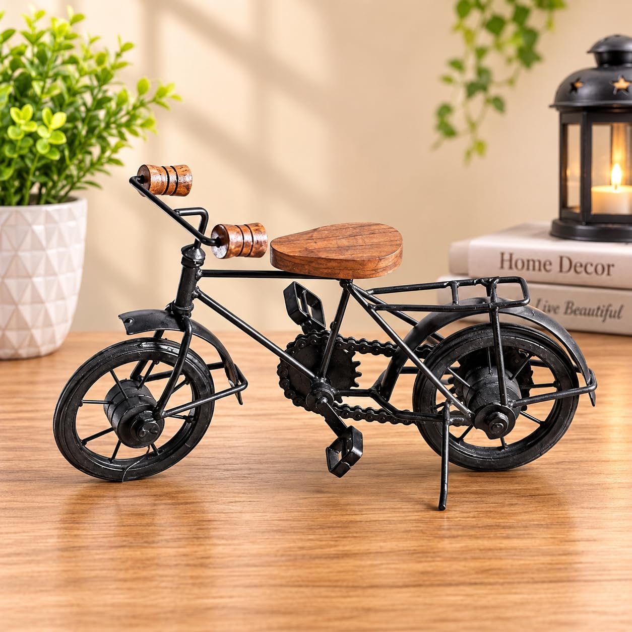 Vintage Miniature Bicycle, Metal and Wood Home Decor | Retro Bike Sculpture, Metal & Wood Craft, Tabletop Showpiece, Detailed Chain & Pedals, Black Finish-picture-26