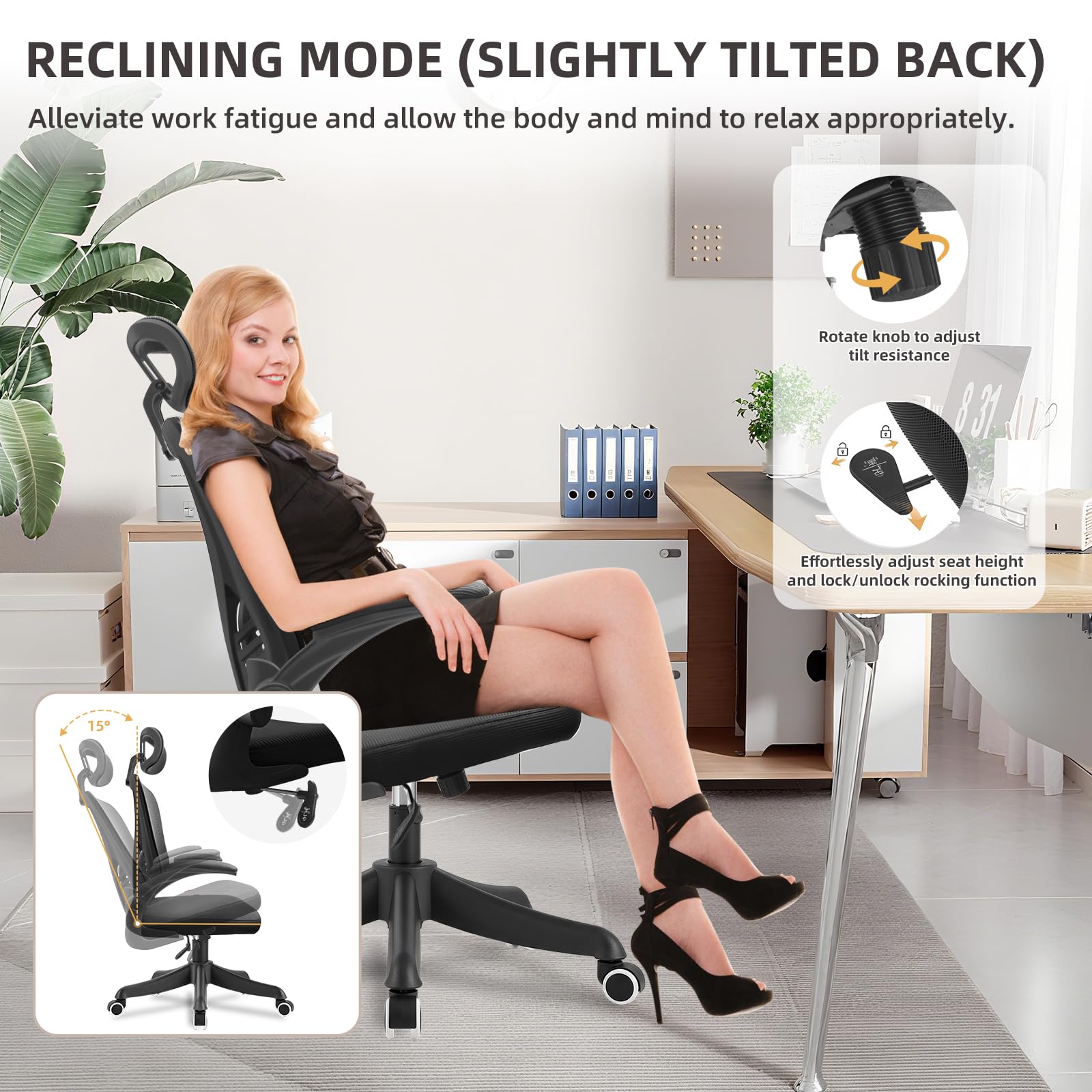 Chaise de Bureau, Chaise Ergonomique en Résille avec Soutien Lombaire et Appui-Tête Réglable, Coussin D'Assise Généreux, Adaptée au Bureau et à La Maison