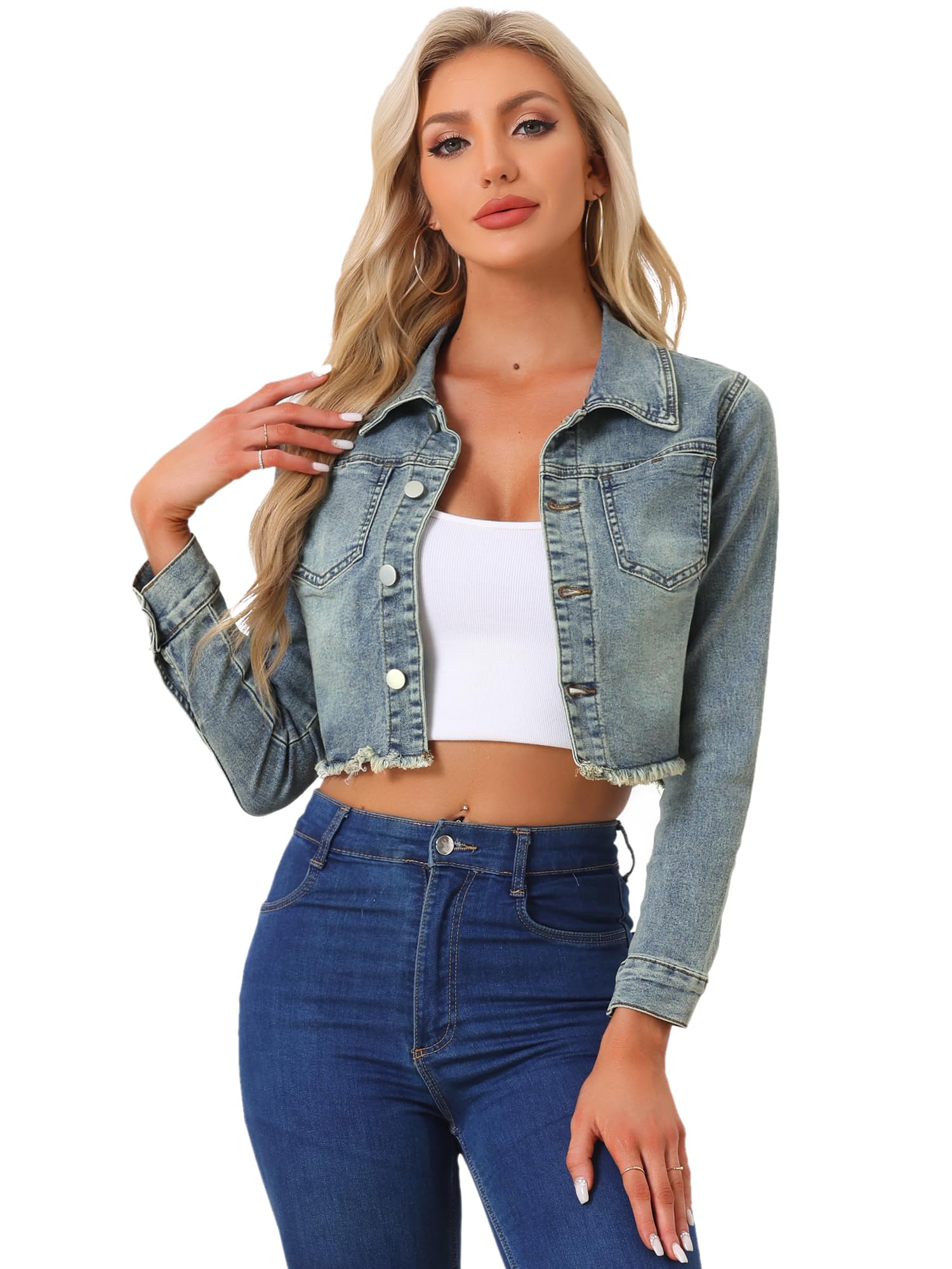 Allegra K Veste en Jean Femmes Effiloché Blouson Court en Denim Boutonnée