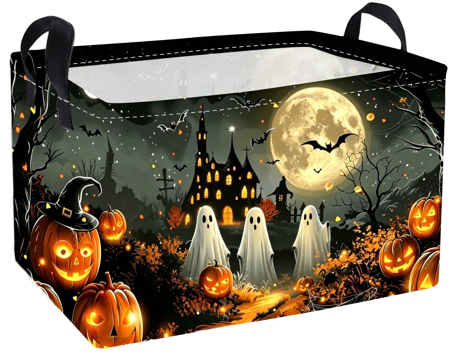 Essme Rectangular Halloween Basket,Kids Storage Bins Organizer with Handles for Ghost Room Decor, Gift Basket,Shelf Basket.(Dream Halloween)
