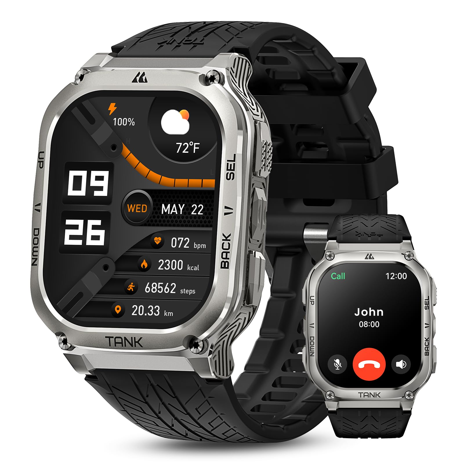 KOSPETSmart Watches for Men, 60 Days Battery Life, 50M Waterproof, Military(Full Metal), Answer/Make Call, Compatible for Android and iOS, 1.96'' AMOLED Always-on Display, AI VoiceClimeCo Certified