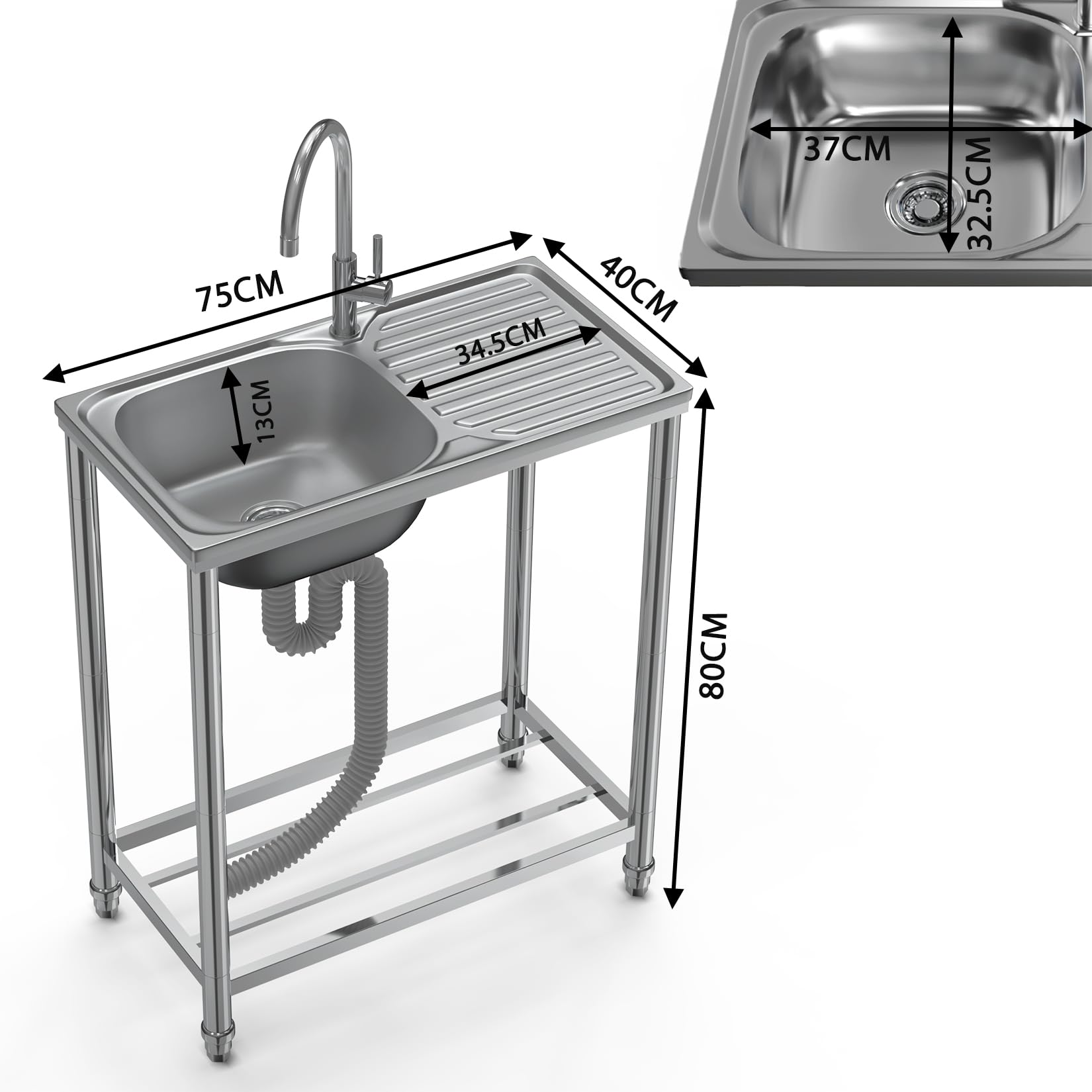 Zlewozmywak kuchenny ze stali nierdzewnej z półką użytkową, wbudowaną instalacją wodno-kanalizacyjną, do ogrodu i restauracji, funkcjonalny design dla łatwej instalacji i konserwacji