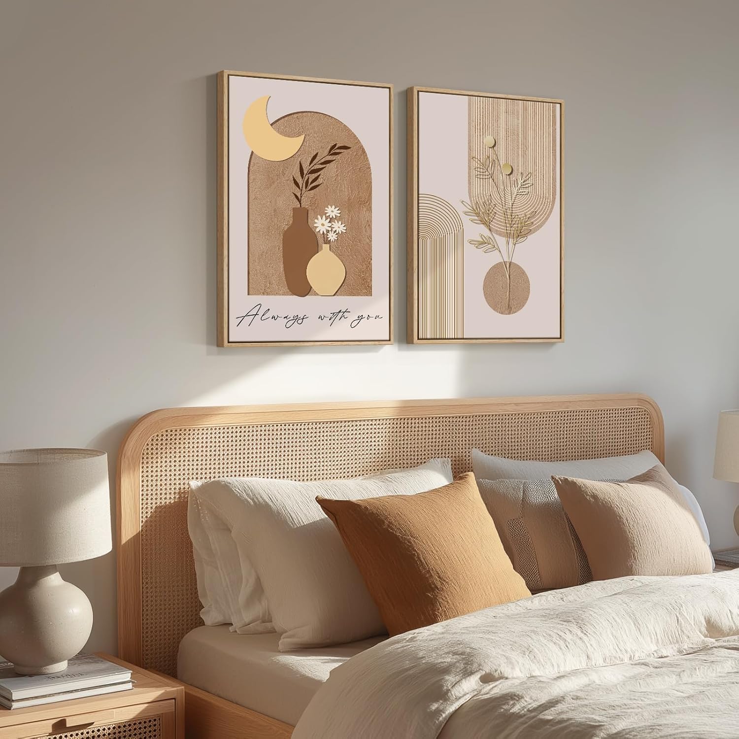lianyibo 2 szt. Arkusze ścienne Neutralne Boho Style Botanic Vase Canvas Beż Księżyc Nowoczesny Minimalistyczny Wystrój Domu (60 x 90 cm x 2 / Wewnętrzna rama)