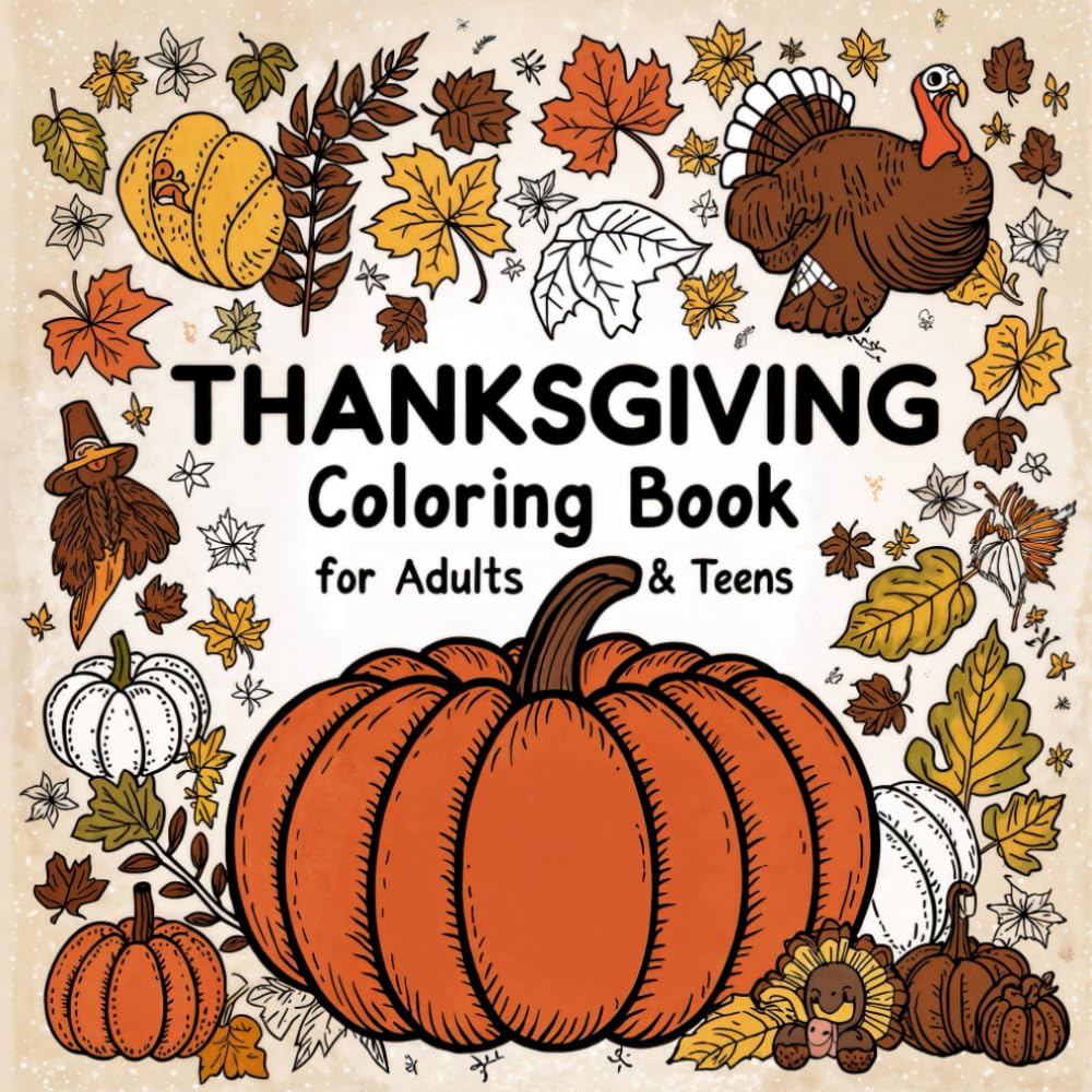Thanksgiving Coloring Book for Adults and Kids: Bold and Easy Fall Designs with Turkeys, Pumpkins, Autumn Leaves and Harvest Scenes for Stress Relief and Relaxation