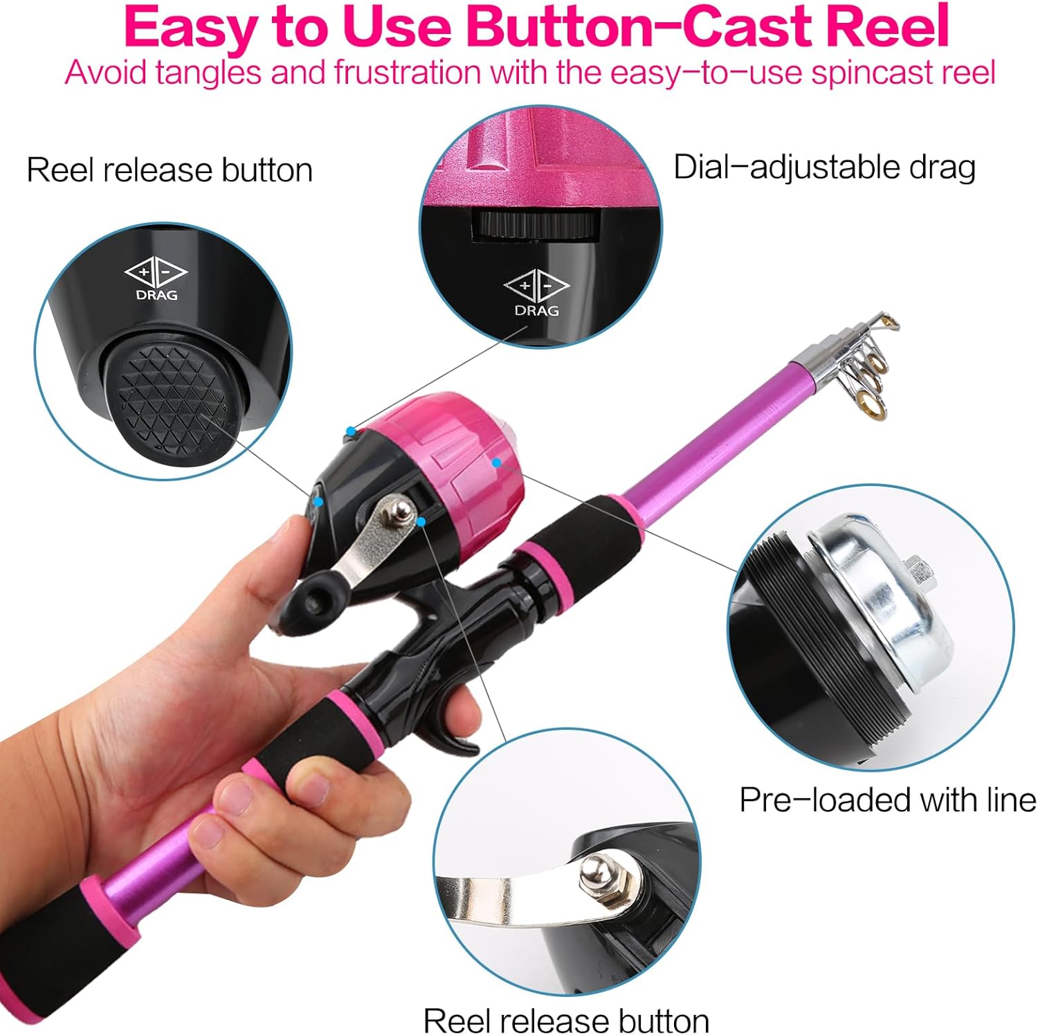 Kids Telescopic Fishing Rod and Reel Combo Collapsible Pole Set with Button Cast Reel Gear Bag and Accessories Portable Beginner Youth Fishing Starter Kit