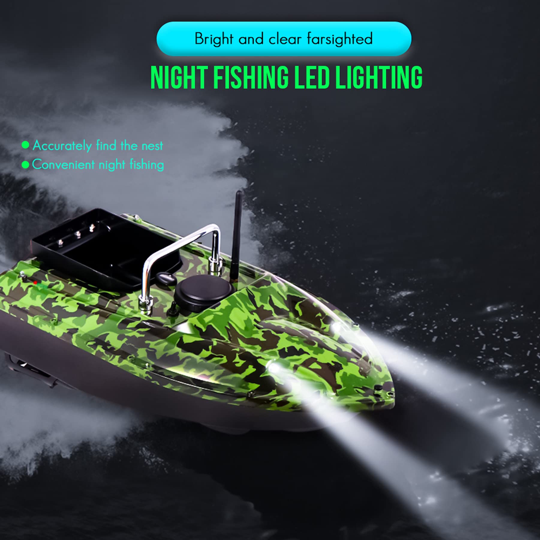 Bezprzewodowy Smart RC Bait Boat Czas czuwania 3H z nocnym światłem LED do kałuży i jezior Fish Finder akcesoria do łodzi wędkarskich prezenty dla mężczyzn, zielony kamuflaż