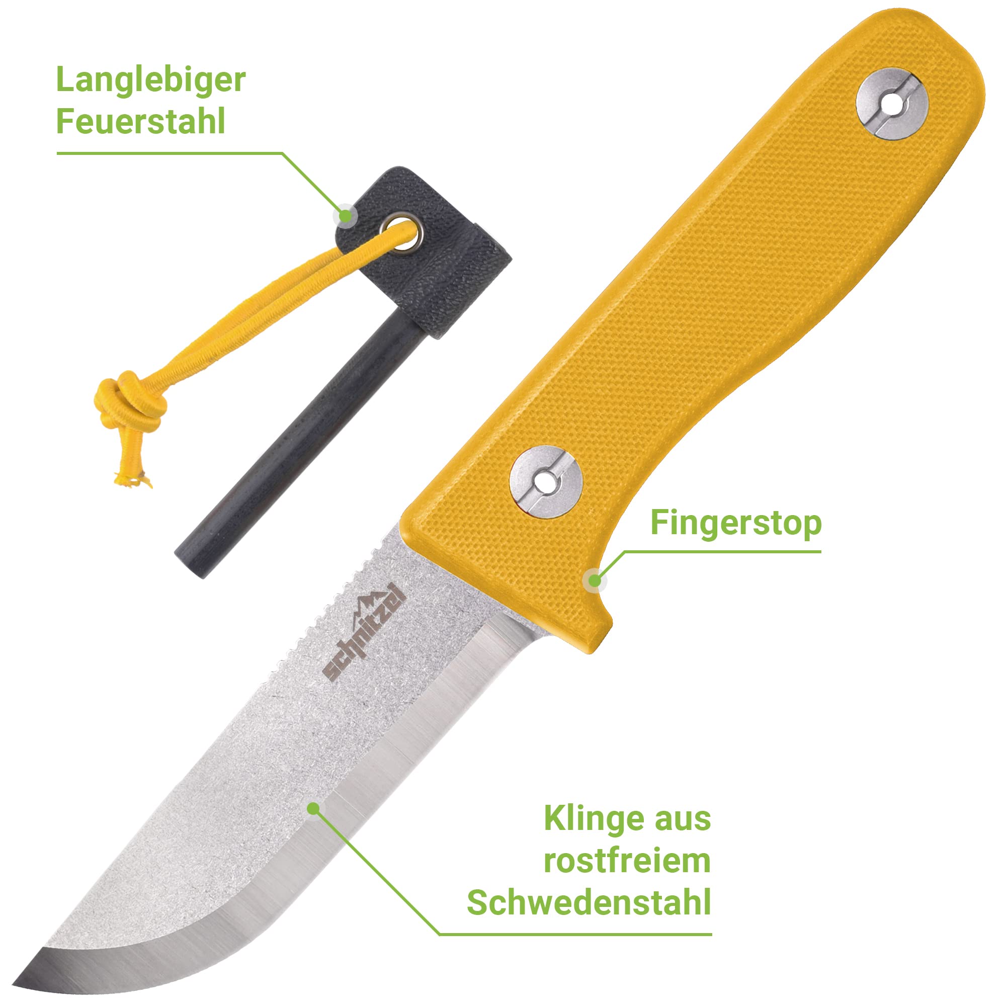 SCHNITZEL DU Outdoormesser für Kinder und Jugendliche ab 10 Jahren, Gelb | 8,5 cm Klinge aus rostfreiem 14C28N-Stahl, Kydex Scheide, Feuerstahl, Kindermesser, Schnitzmesser, Fahrtenmesser
