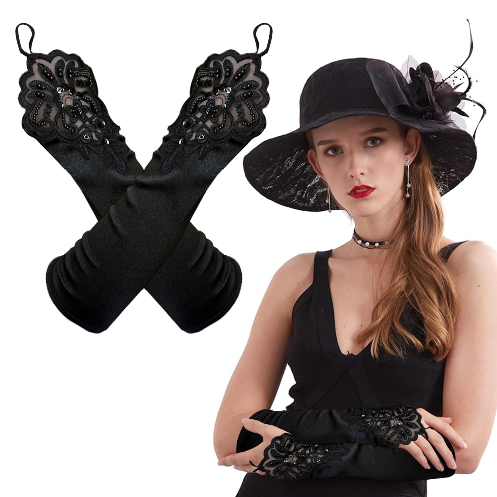 Puerfoca Women's Black Opera Long Evening Lace Gloves, 1920S Long Fingerless Gloves For Classic Satin Elbow Length Glove For Fancy Dress Party Decoration