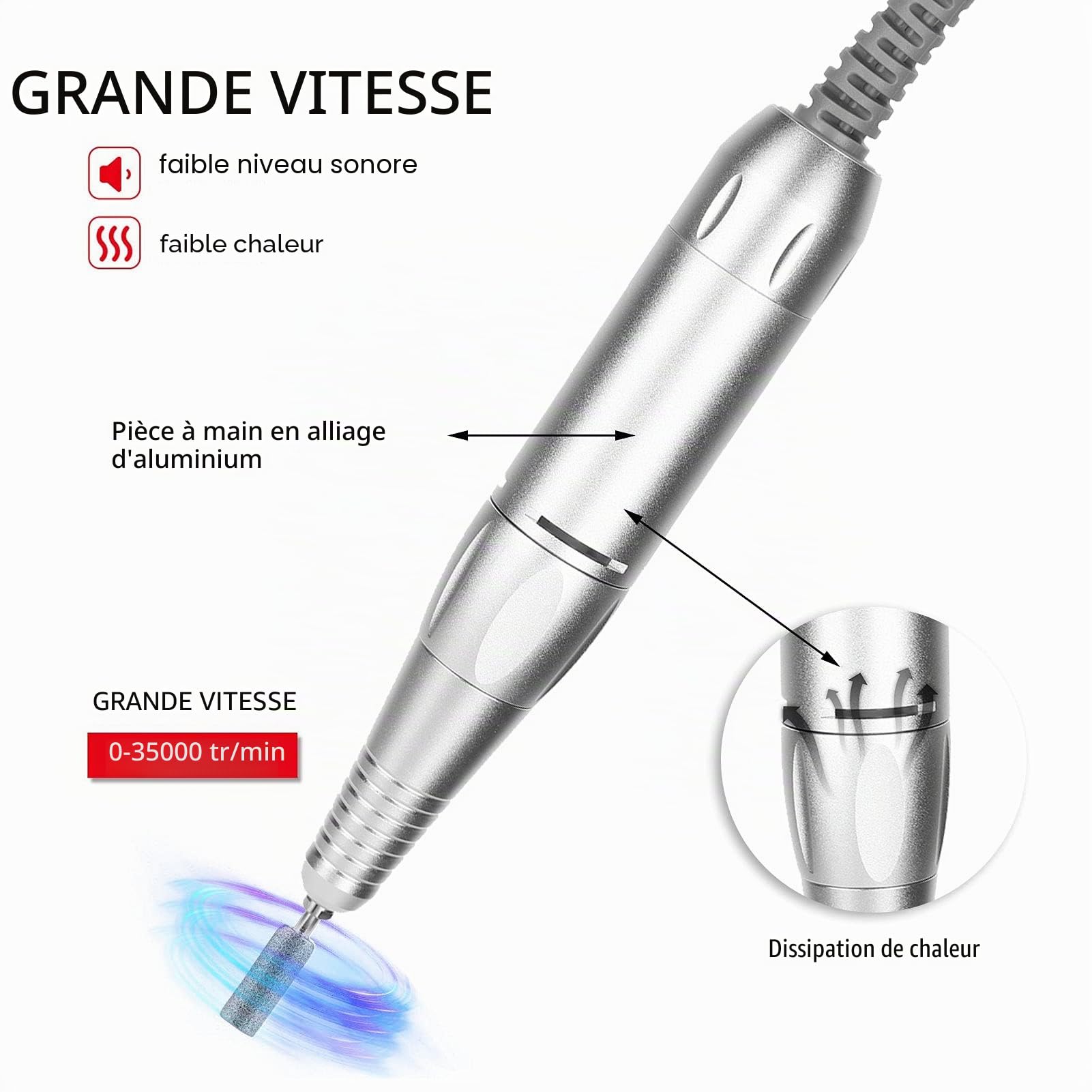 Tiiyee Stylo de Perceuse à Ongles électrique, Alliage D'aluminium Gris | Professionnelle Manucure Pédicure Outil Polissage Machine 35000 tr/min Remplacement Ponceuse Poignée Rechange Accessoires