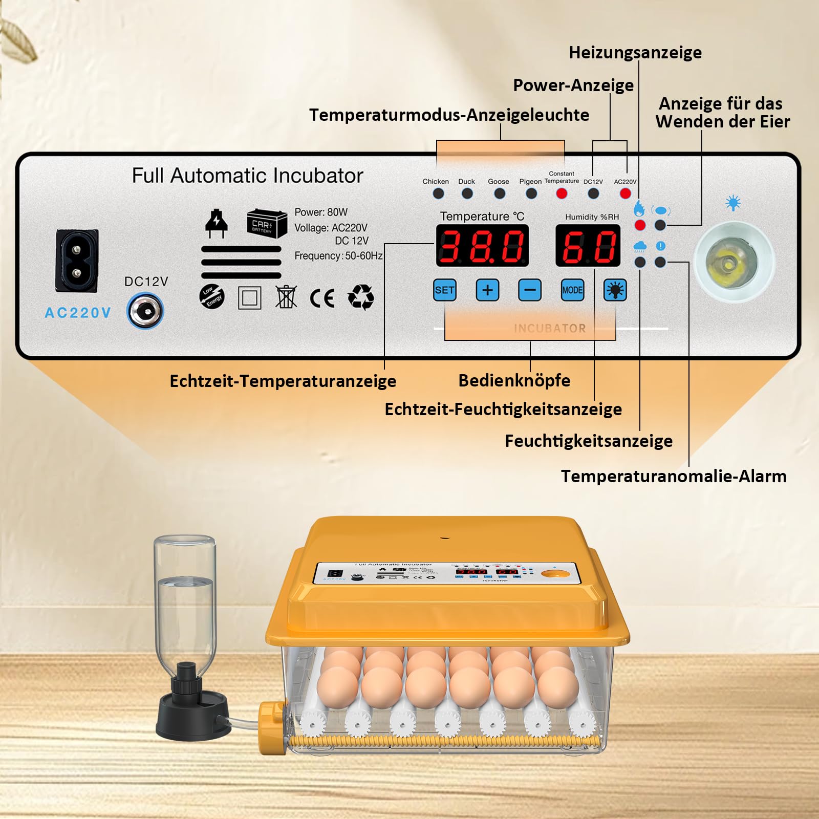 Brutautomat Vollautomatisch 36 Eier mit Temperaturregelung, Brutmaschine mit 5 automatischen Brutmodi, Inkubator Feuchtigkeitsanzeige, Brutkasten automatischer Wasserauffüllung und Eierwende