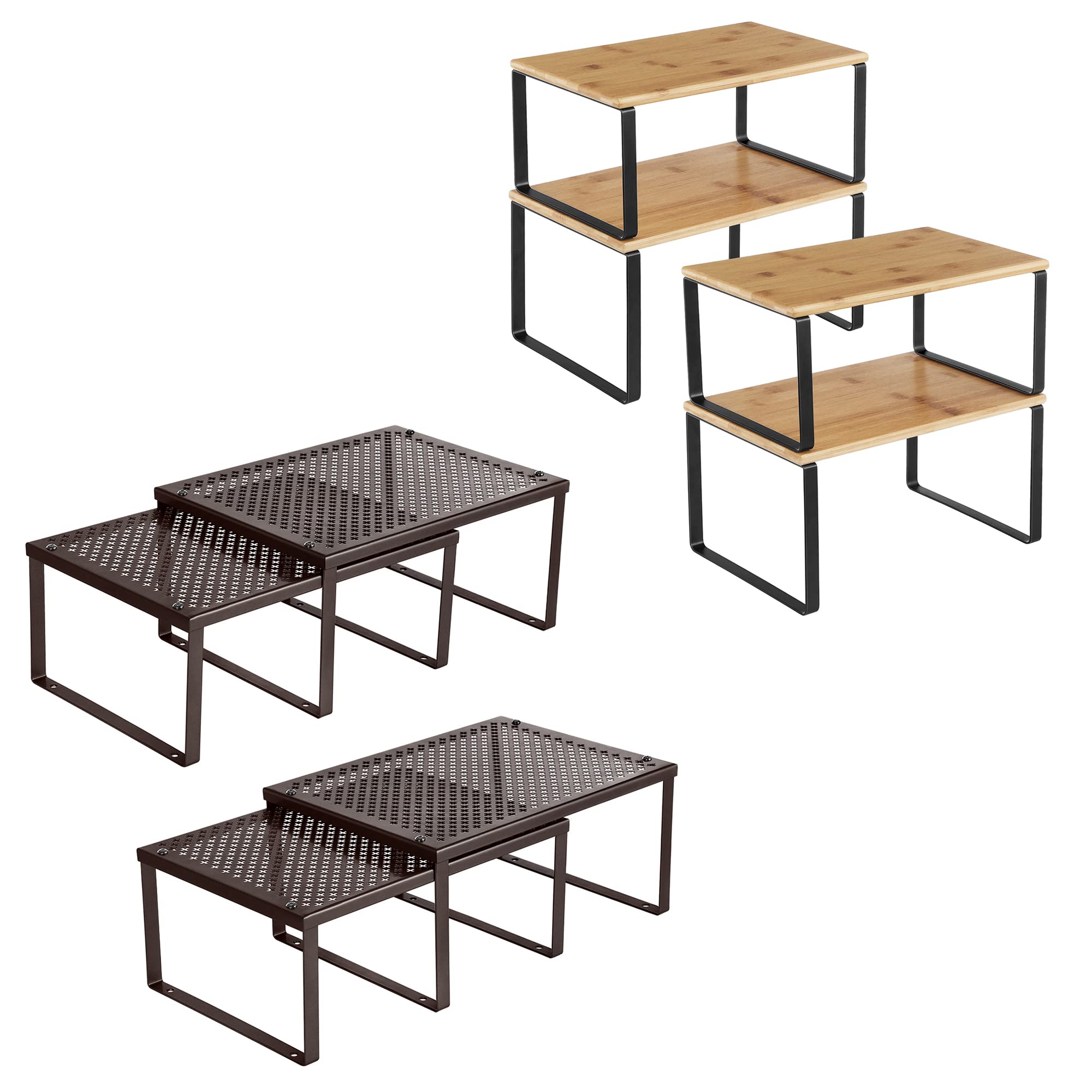 SONGMICS 8-Piece Spice Racks Bundle, Set of 4 Metal Spice Shelves, Set of 4 Bamboo and Metal Spice Organizers, for Kitchen Cabinet Counter, Brown, Black and Natural UKCS06BR and UKCS10NB