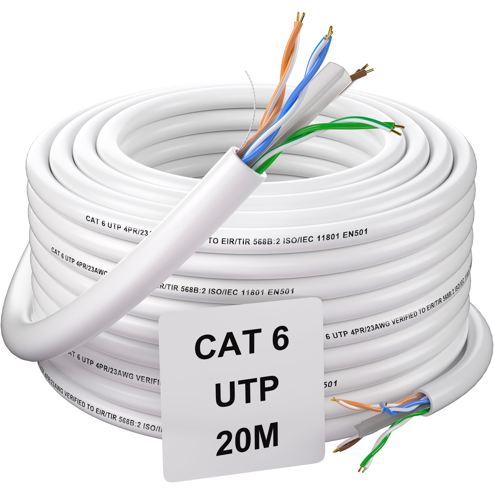 Ethernet Cable 20m, LAN Cable High Speed Gigabit Internet Cable Cat 6, Extra Long 20 Meters Network Cable Bulk UTP 23AWG CCA Installation Cable White Weatherproof RJ45 Patch Cable