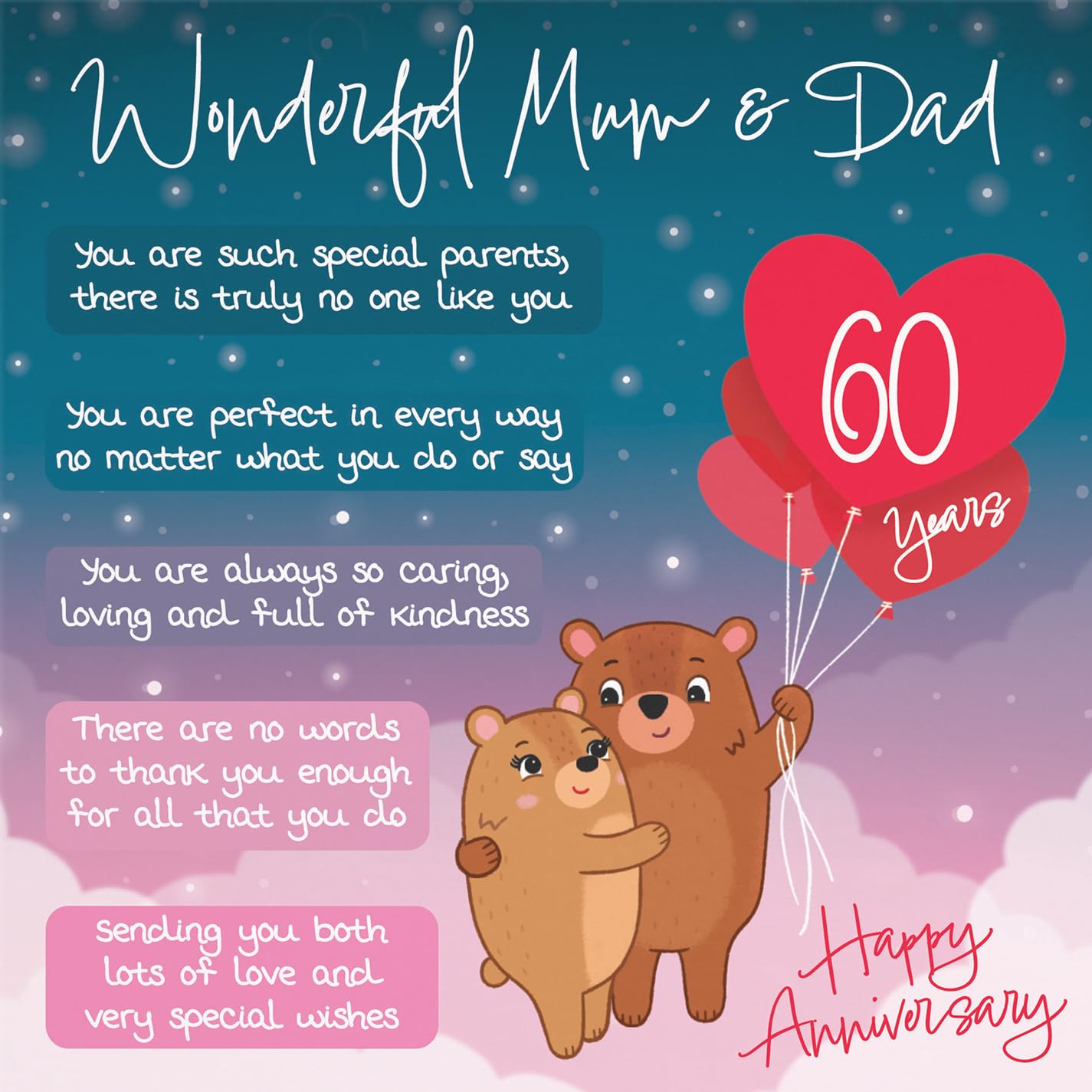 Hunts England, Mum And Dad 60th Anniversary Card, Starry Night, Cute Bears, Verse 60th Anniversary Card For Mum And Dad - Image 2