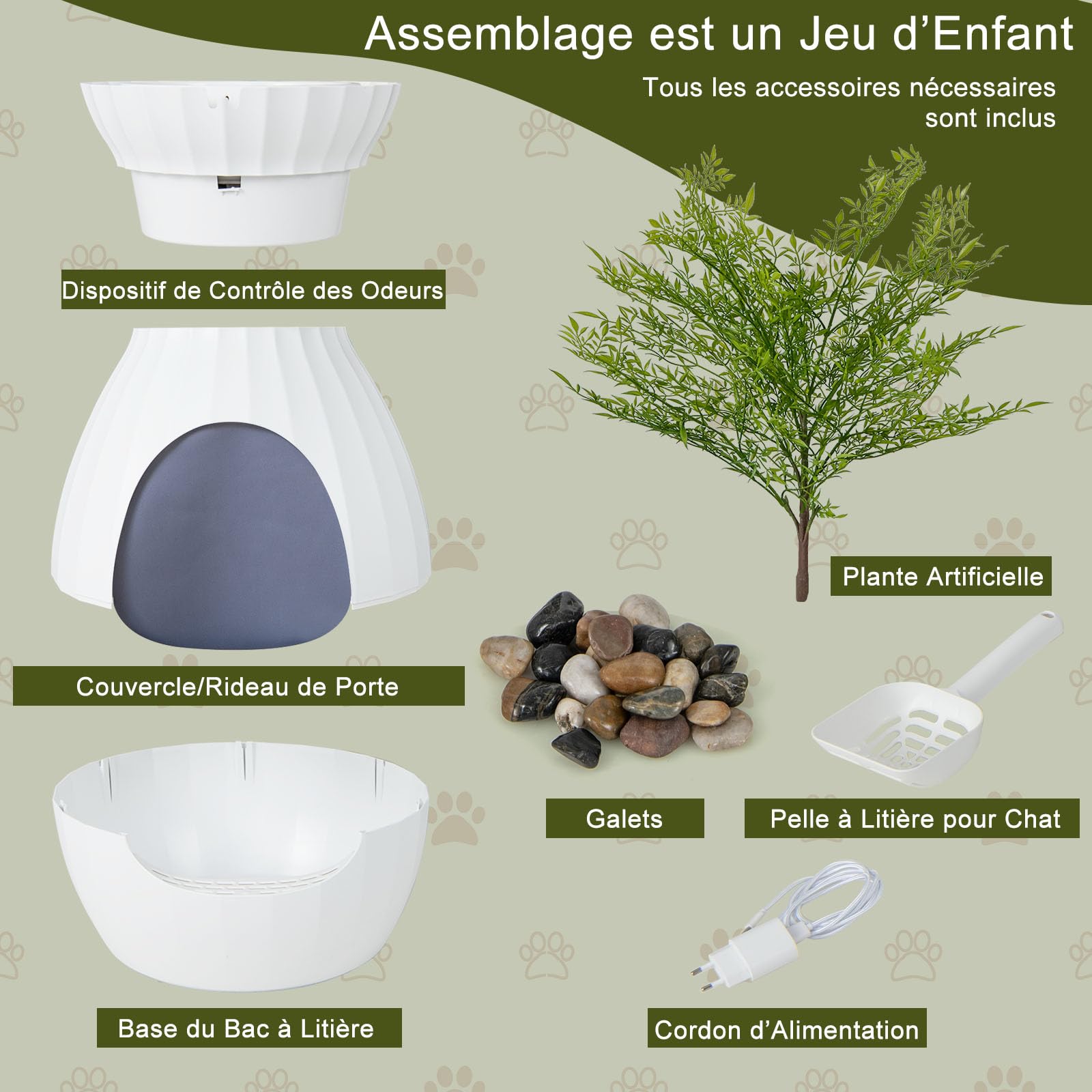 GYMAX Bac à Litière pour Chat avec Système Intelligent de Désodorisation, Maison de Toilette en Forme de Pot, avec Pelle & Rideau, 50X115CM(Blanc)