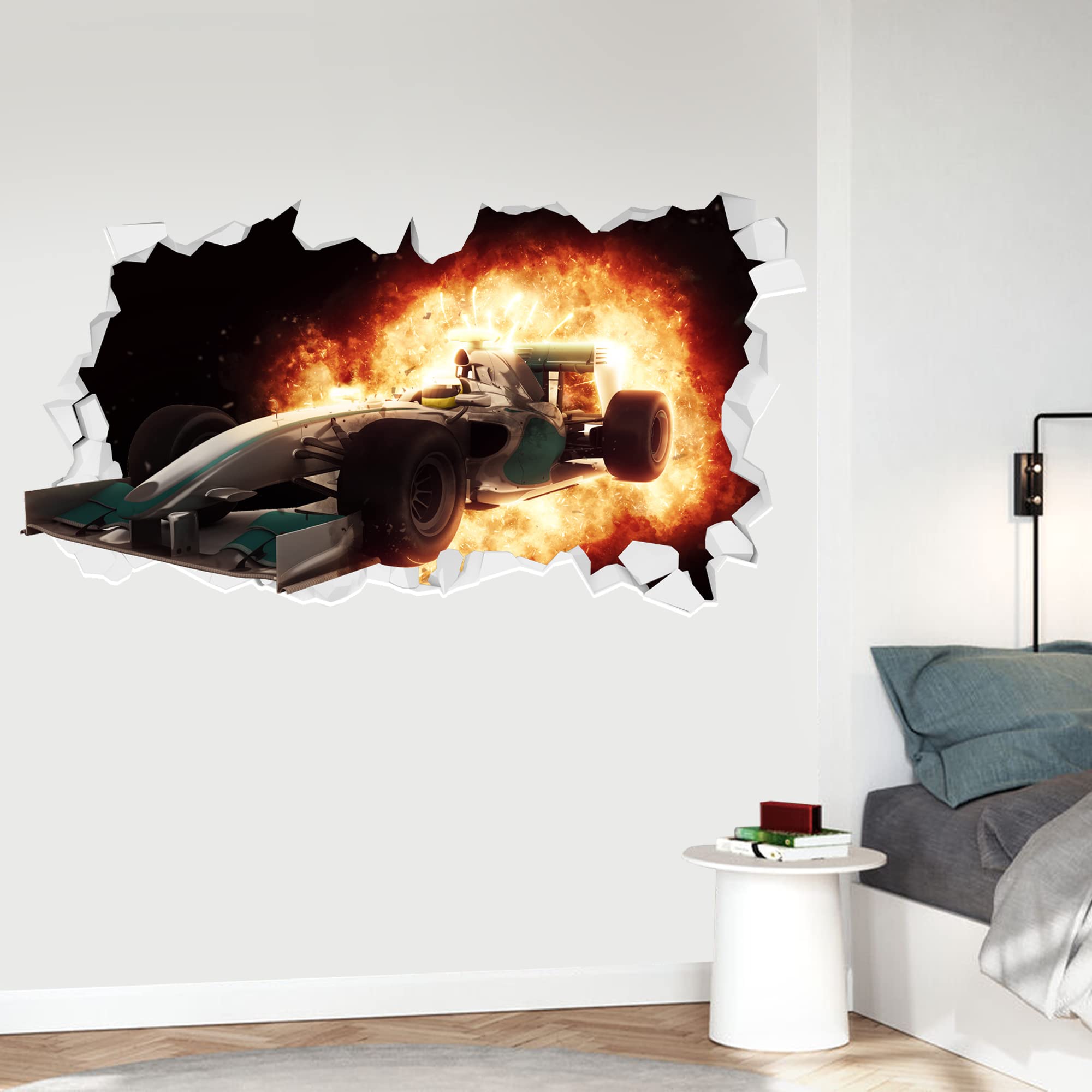 Themed Car Wall Sticker - Race Car Flames Broken Wall Decal Art (120Cm Width X 65Cm Height)