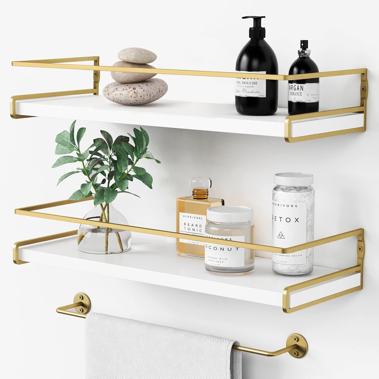 ZVZM White Floating Shelves, 2+1 Wooden Shelves for Wall, Bathroom Kitchen Wall Mounted Shelves for Bedroom, Floating Wall Wooden Shelf Unit With Towel Rail.