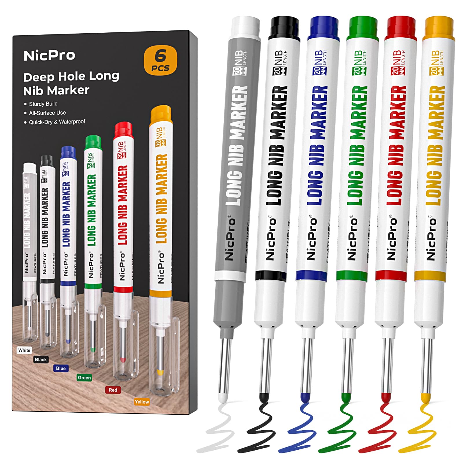 Nicpro Long Tip Marker Pens, 20mm Deep Hole, Quick Drying and Waterproof, Construction Markers, Long Headed Markers for Metal, Steel, Tiles, Glass, Carpenter's Marker Pens for-image-18