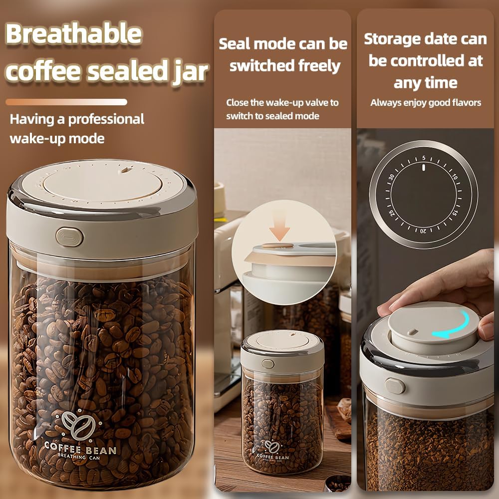 Coffee Bean Canister, 37OZ Food Grade Sealed Jar with Date Tracker and Waking Bean Valve, Vacuum Storage Container for Beans, Grain, Snack, Sugar, Tea (1.1L)