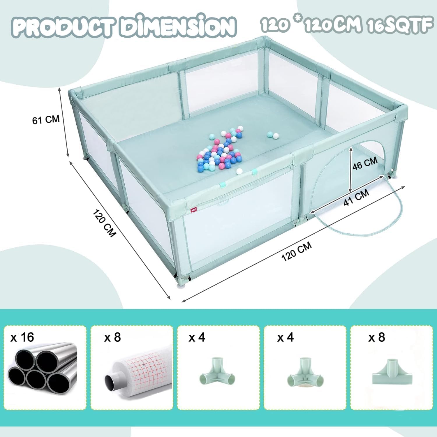 Metreno Playpen for Babies Upto 5 Year Baby Fence Play Area for Kids Indoor Baby Play Area Indoor Setup Foldable Play Pen Play Yard with Balls Toddlers Playarea Infant Playpen (120 * 120cm-16SQFT) - Image 4 thumbnail