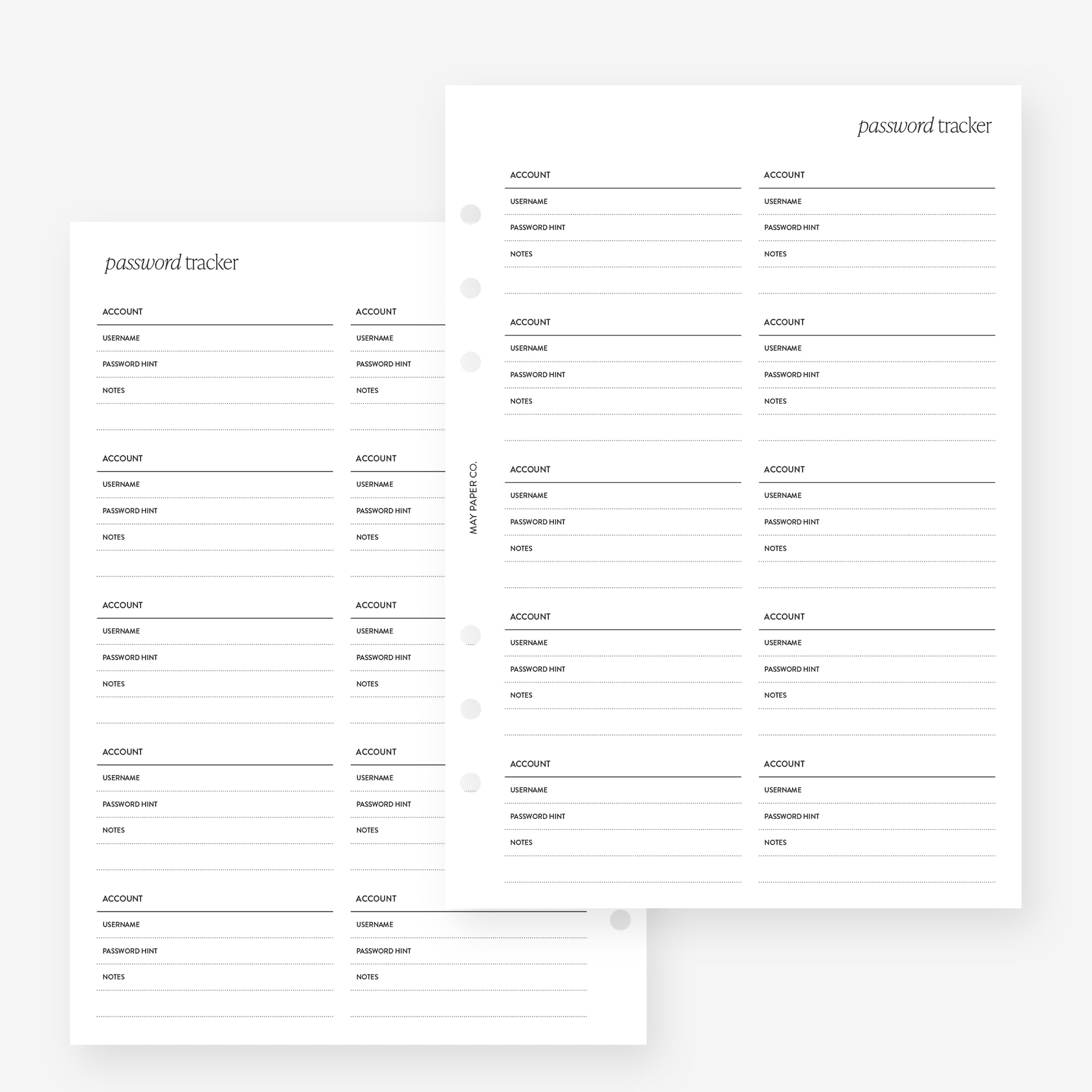 A5 Password Tracker Planner Insert Agenda Refill for Filofax A5, Kikki K Large, LV GM sized 6 ring agendas, 5.8 x 8.3