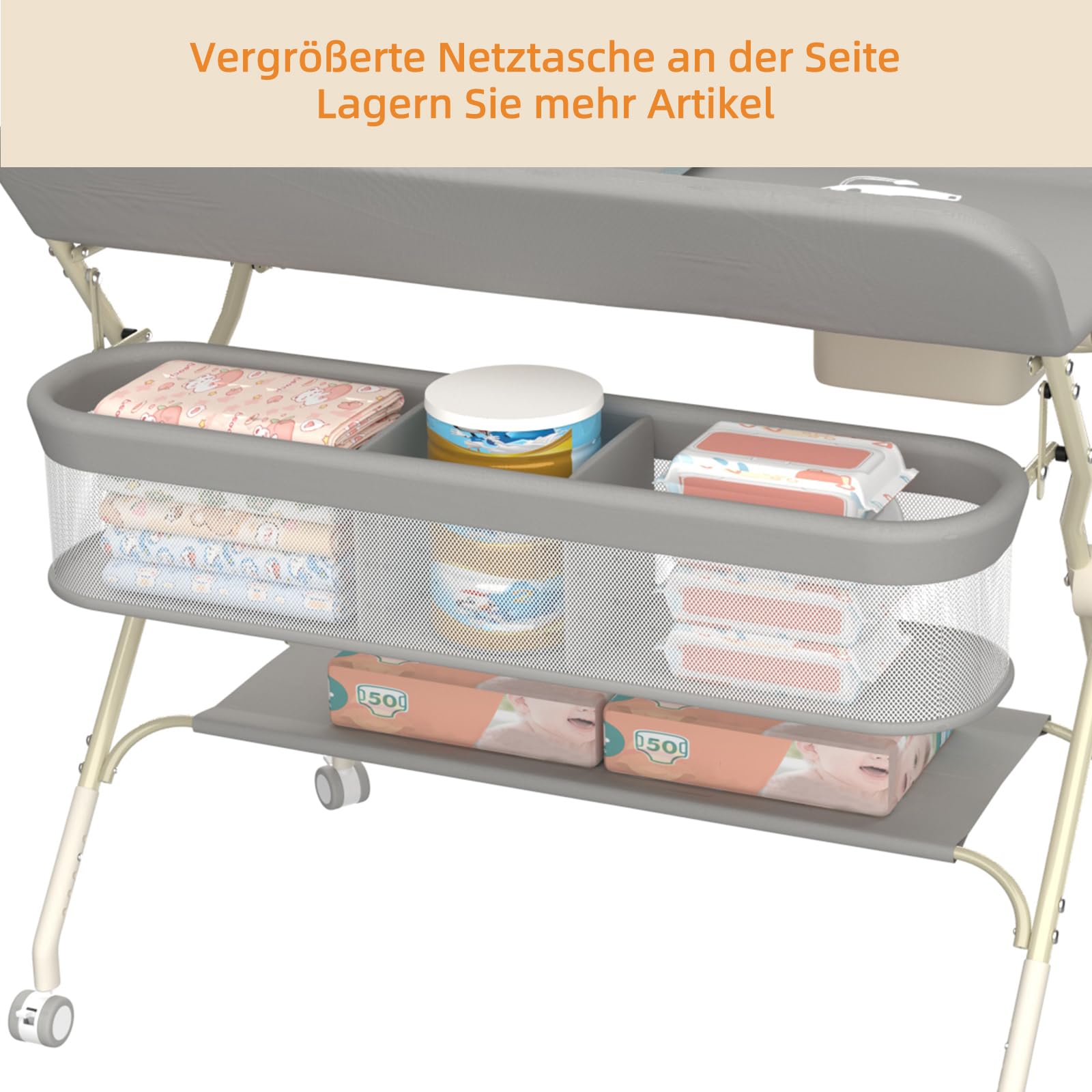 Supfine Cambiador plegable con almacenamiento, altura regulable en 5 niveles, cambiador móvil con cinturón de seguridad y barra para colgar, mesa para cambiar bebés (gris, 4 en 1)