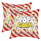 Popcorn Print Reversible Outdoor Throw Pillow Covers,Vintage Cinema Movie Theater Square Cushion Covers Set of 2 for Bed Sofa Couch,All Season Red Vintage Stripe Pillow Covers Home Decor 18 x 18-Inch