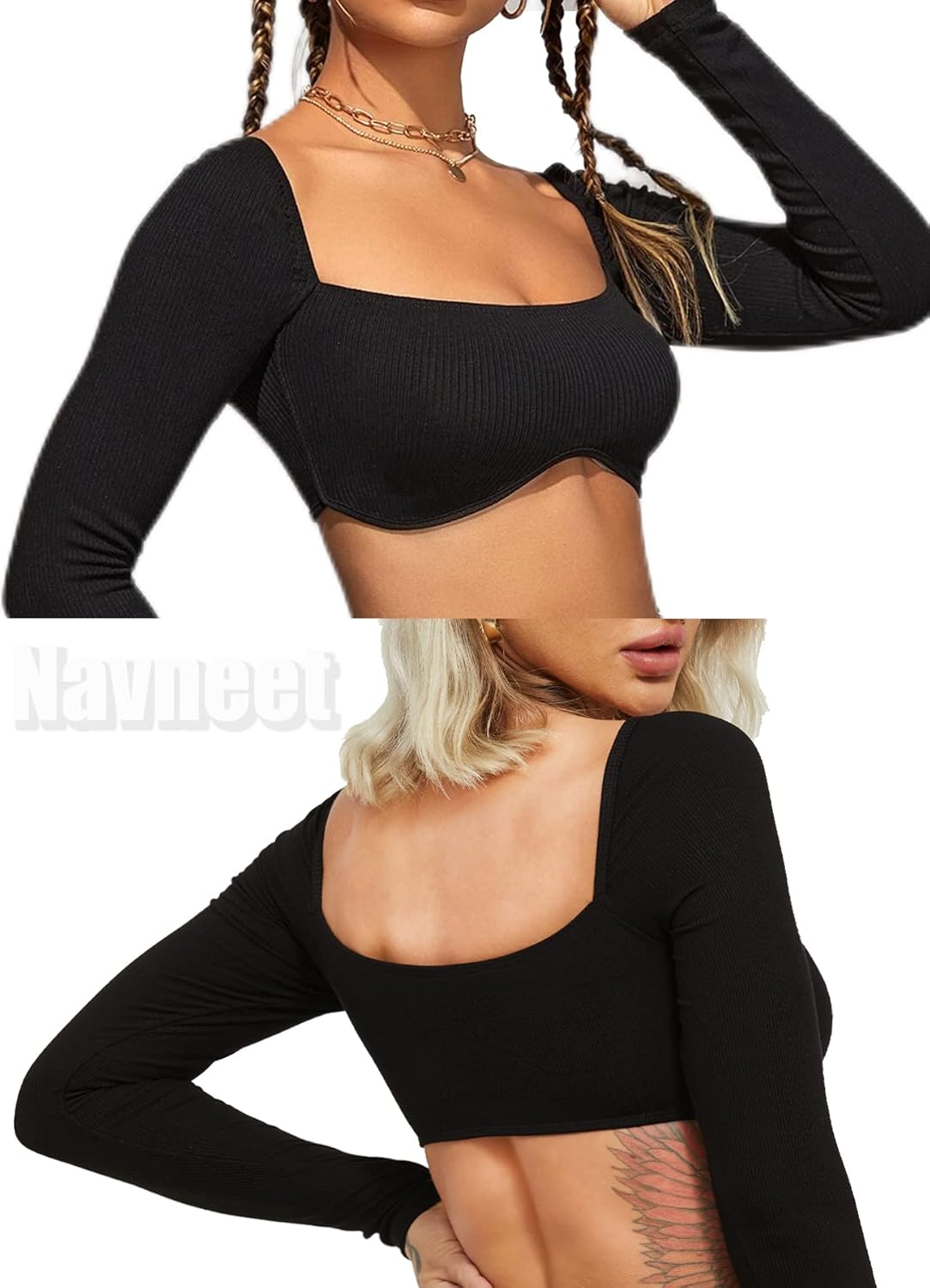 Navneet Women Long Sleeve Crop Tops Sexy Going Out Top Ribbed Corset Tops Square Neck Club Party Fall Tee Shirts - Image 3