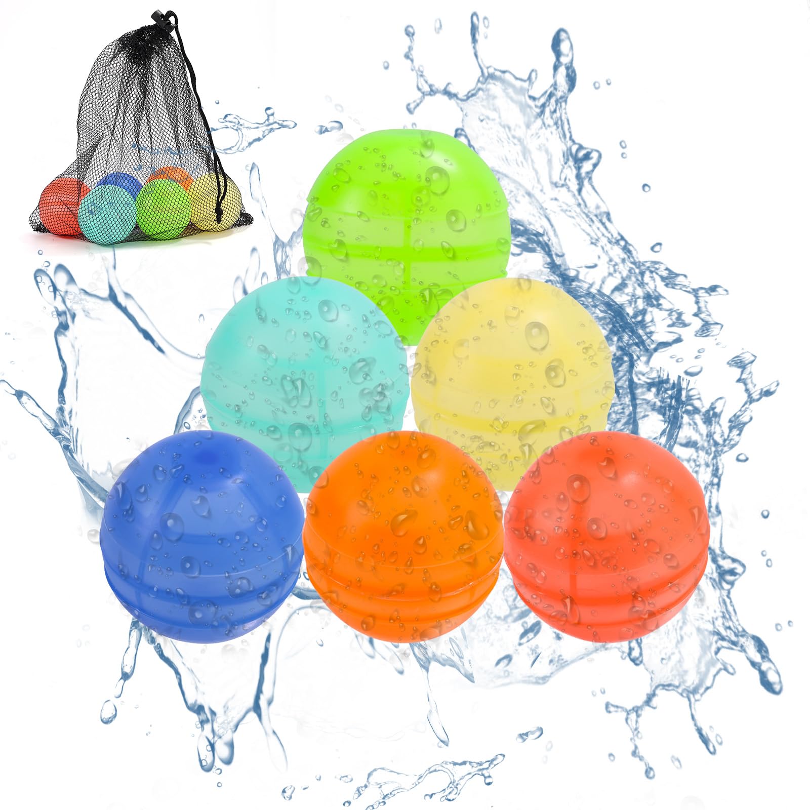 Lyreh 6pcs Reusable Water Balls, 6 Colors Silicone Refillable Water Balloons with Mesh Storage Bag Perfect Summer Outdoors Toys for Parties Pool Beach Activities