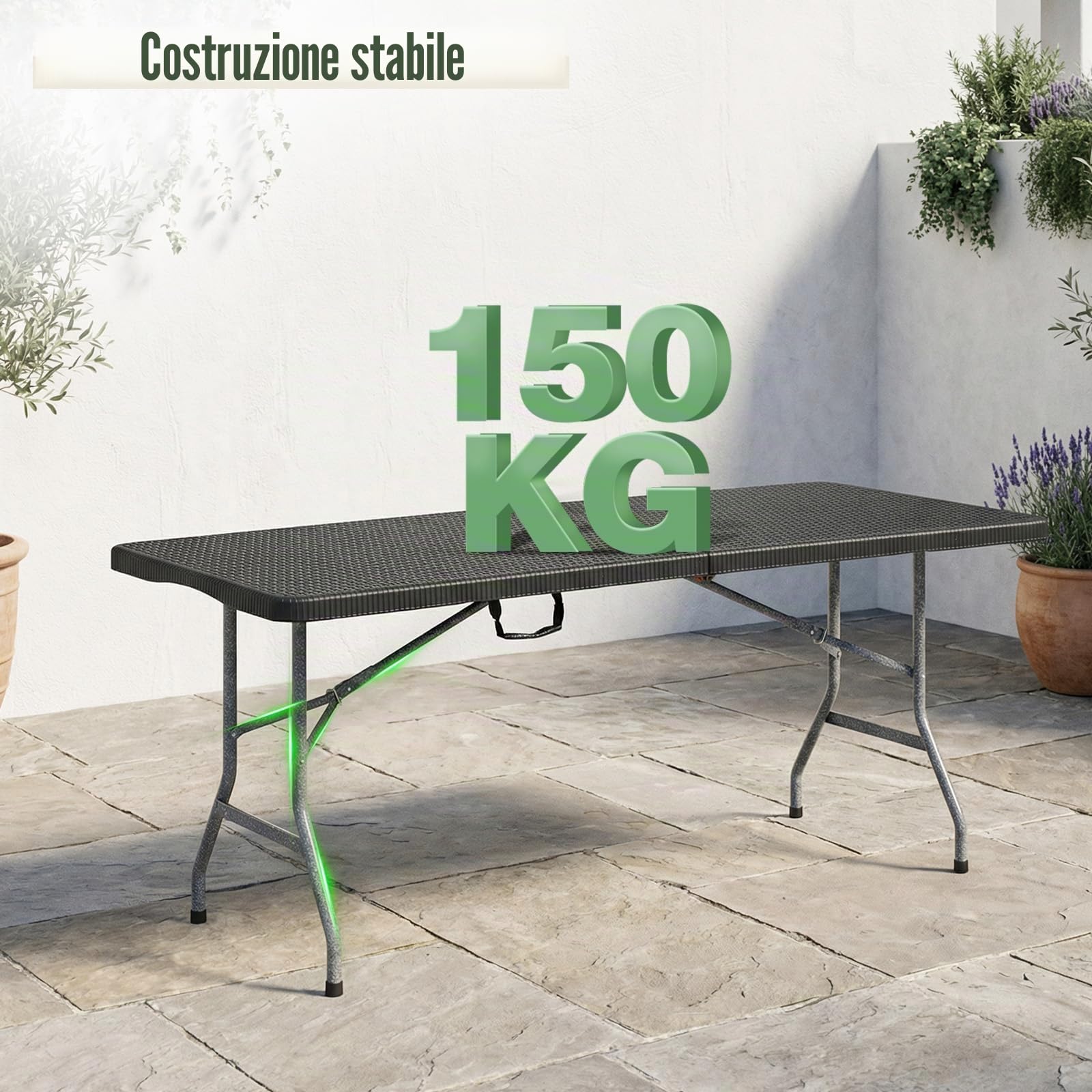 Sekey Tavolo da buffet pieghevole in plastica, 180 x 74 x 74 cm, effetto rattan, con maniglia, per giardino, terrazza e balcone, tavolo da campeggio per 6 persone (nero)