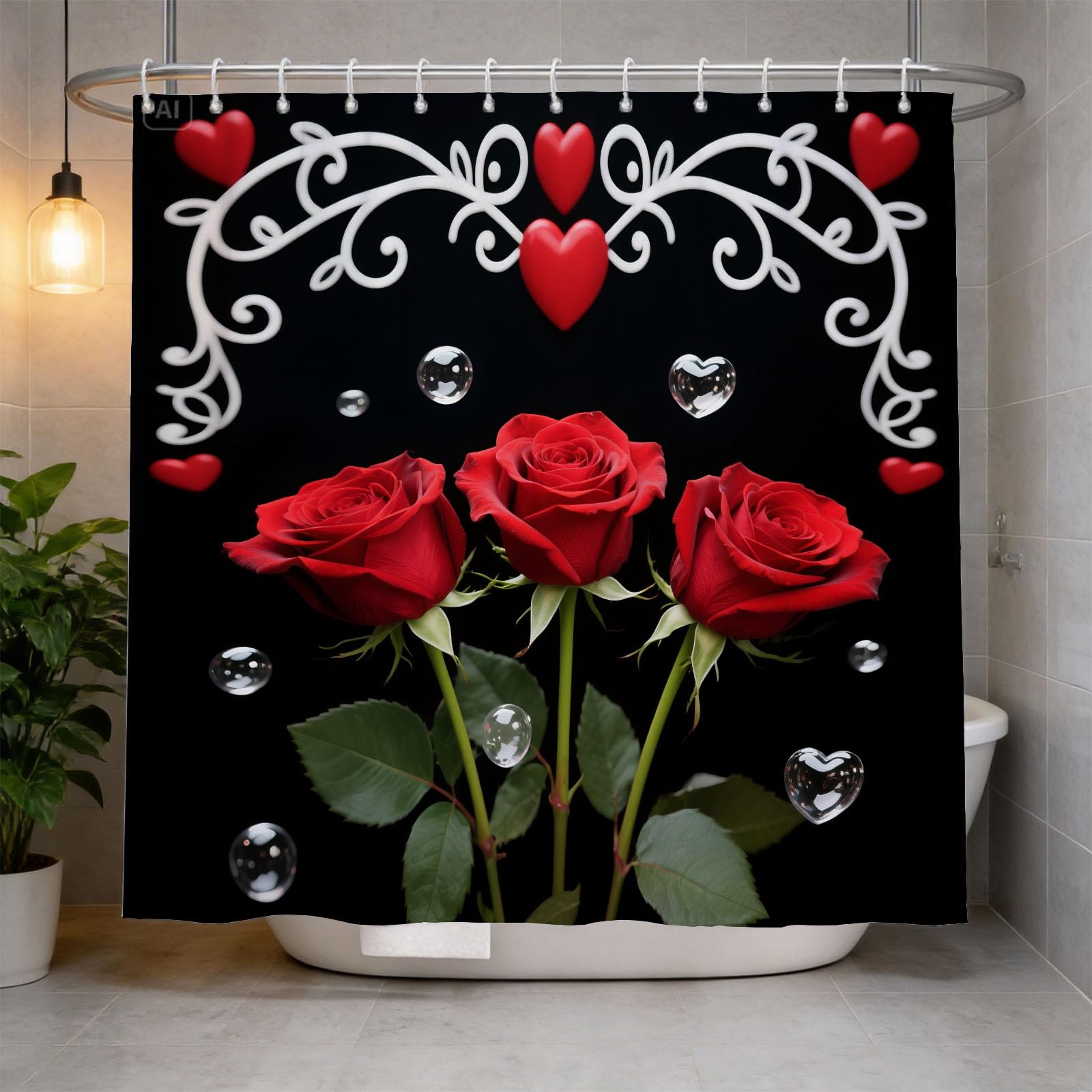 Hongduo 3D Rose Shower Curtain for Stalls Bathtubs Chic Bathroom Decor Shower Curtain Set Polyester Fabric Waterproof 180x180cm/71X71 Inch with Hooks