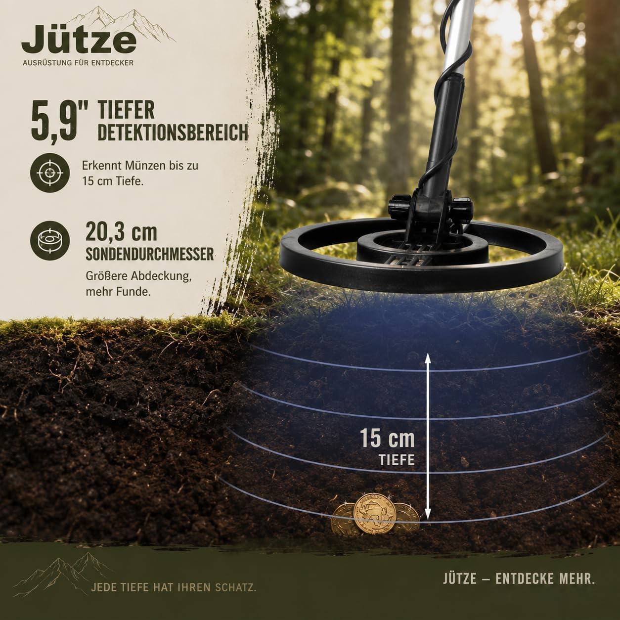 Metalldetektor für Erwachsene und Kinder, Leichter Kinder-Metalldetektor, 20 cm (8 Zoll) wasserdichte Suchspule mit verstellbarem Griff (78–103 cm), ideal für Anfänger (8–16 Jahre)
