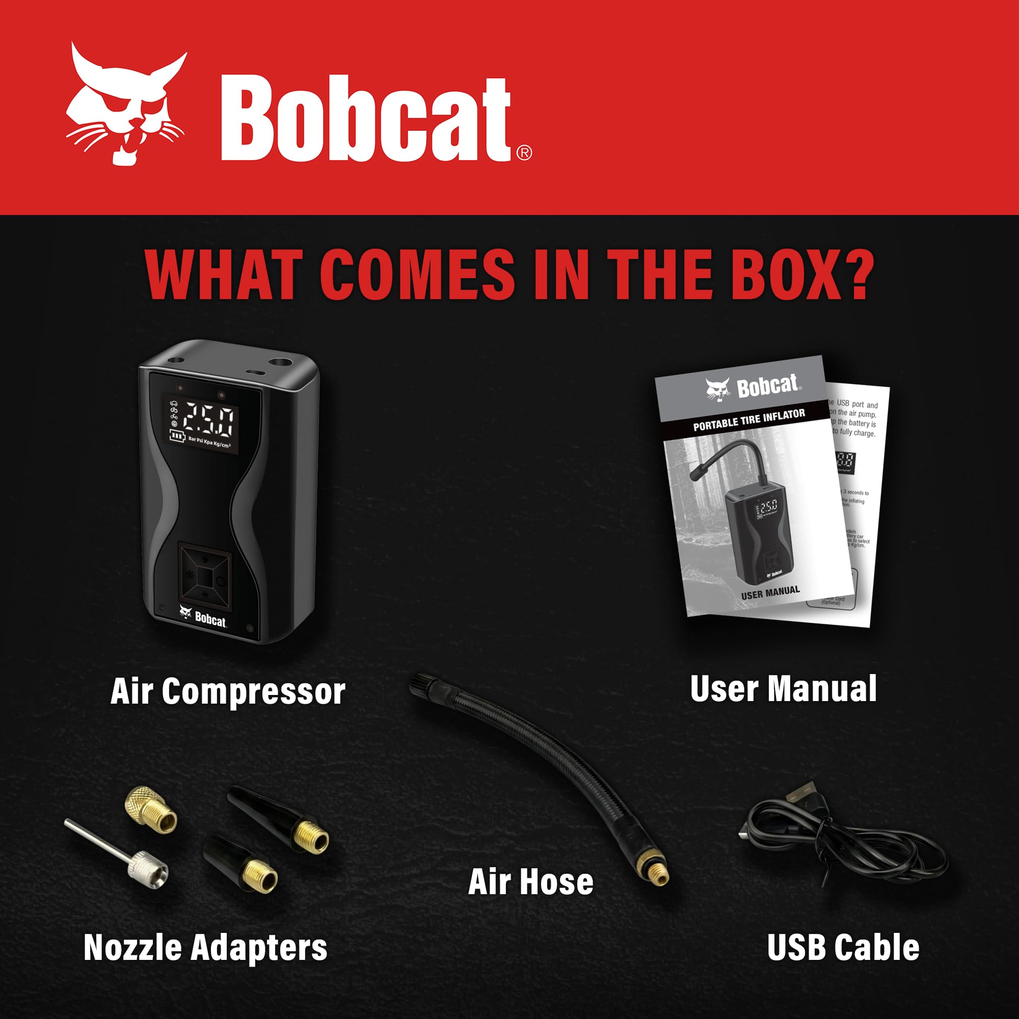 Bobcat - Gonfiatore portatile per pneumatici, ricaricabile, con display a LED, spegnimento automatico, torcia integrata, compatto e portatile, per auto, biciclette, palloni e altro, 150 PSI