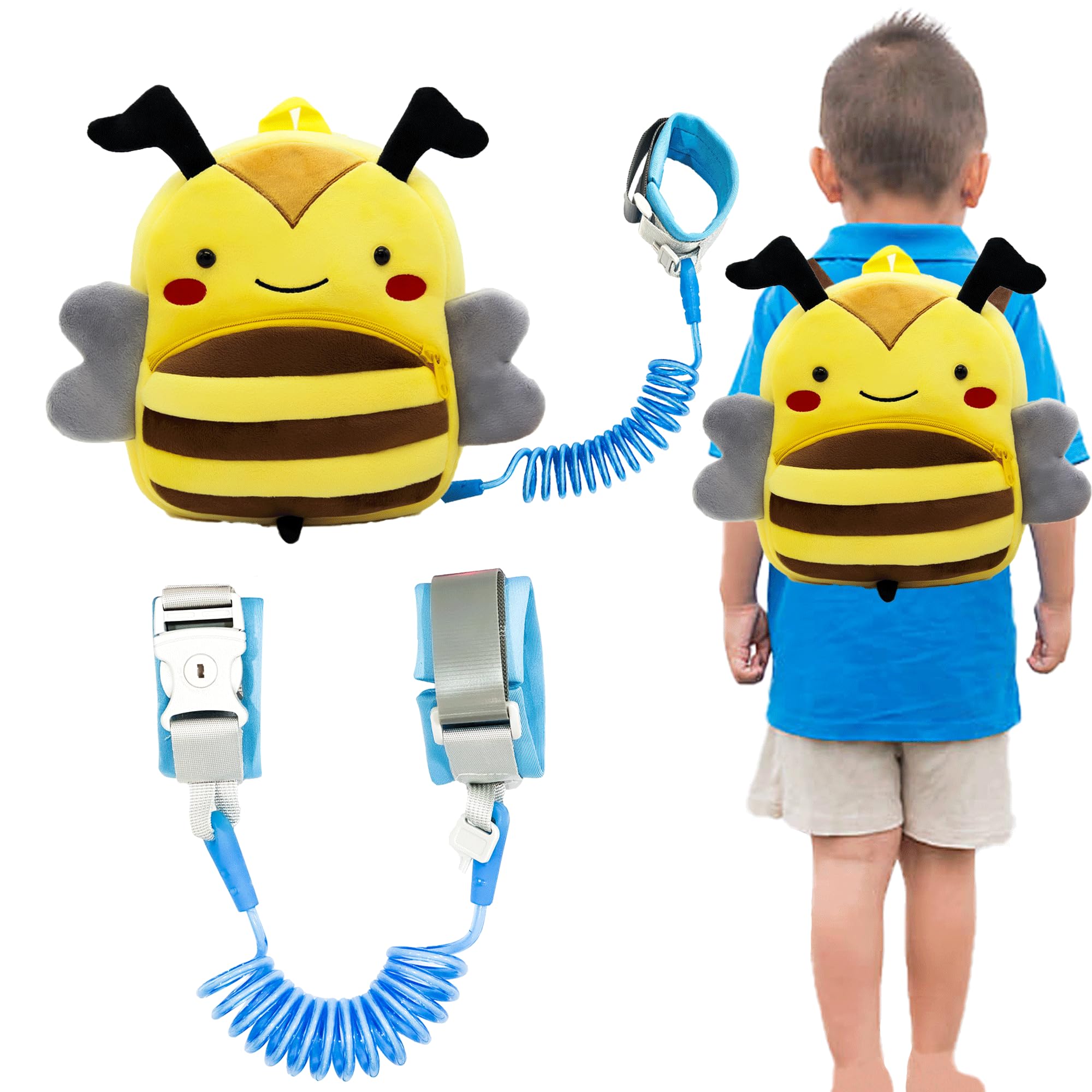 4 in 1 Backpack Leash for Toddlers, Cute 3D Toddler Harness Backpack with Anti Lost Wrist Link, Child Harnesses Leashes for 2-5 Years Old Baby Boys Girls (Honeybee)