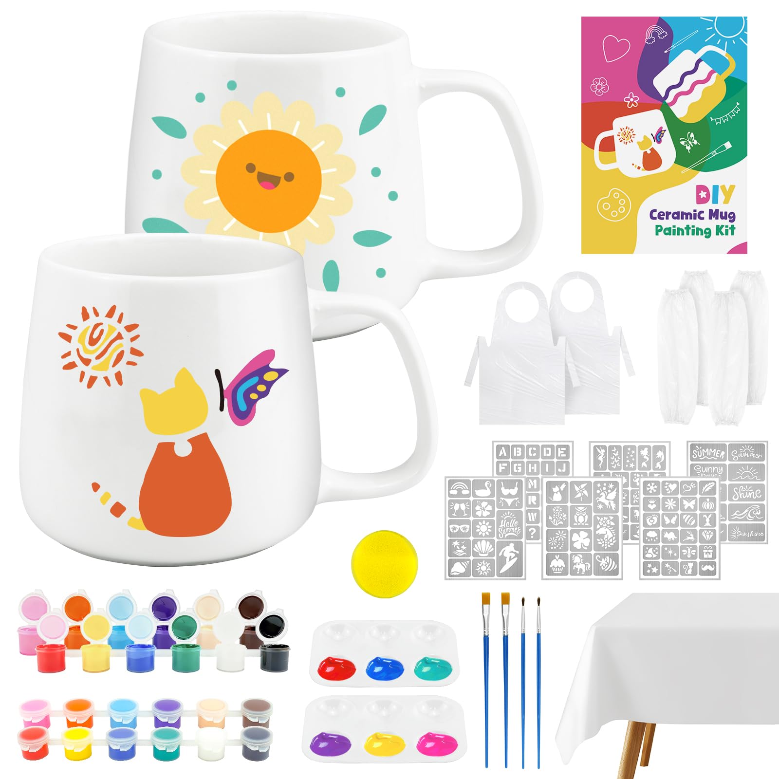 Ceramic Painting Set for Beginners - 2 Cups, 6 Stencils & 12 Colours | Includes Aprons, Tablecloth & Sleeve Protectors, Cups Painting Set - Ideal as a Gift-image-25