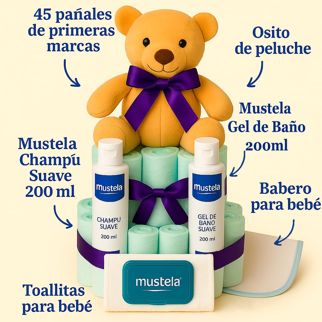Tarta de Pañales Personalizable Regalos para Bebés Recién Nacidos Niño Niña Cesta de Regalo Canastilla Mustela Pack Higiene Bebé Talla 2 Accesorios para Bebé Regalos Mamás Baby Shower Original