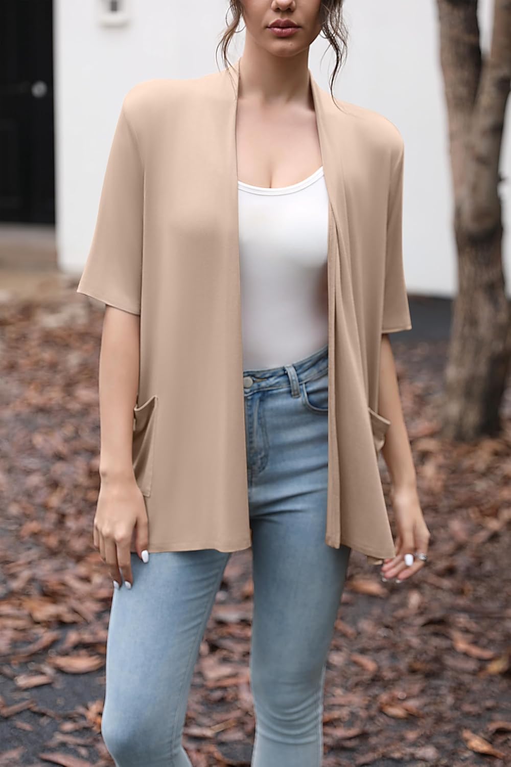 HIYIYEZI Women's Short Sleeve Open Front Cardigan Casual Loose Lightweight Cardigans with Pockets - Image 4