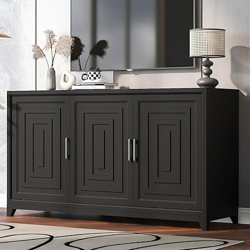 Soporte de TV de estilo rústico para TV de hasta 65 pulgadas, aparador de madera con 2 puertas de vidrio templado, paneles ajustables, gabinete de