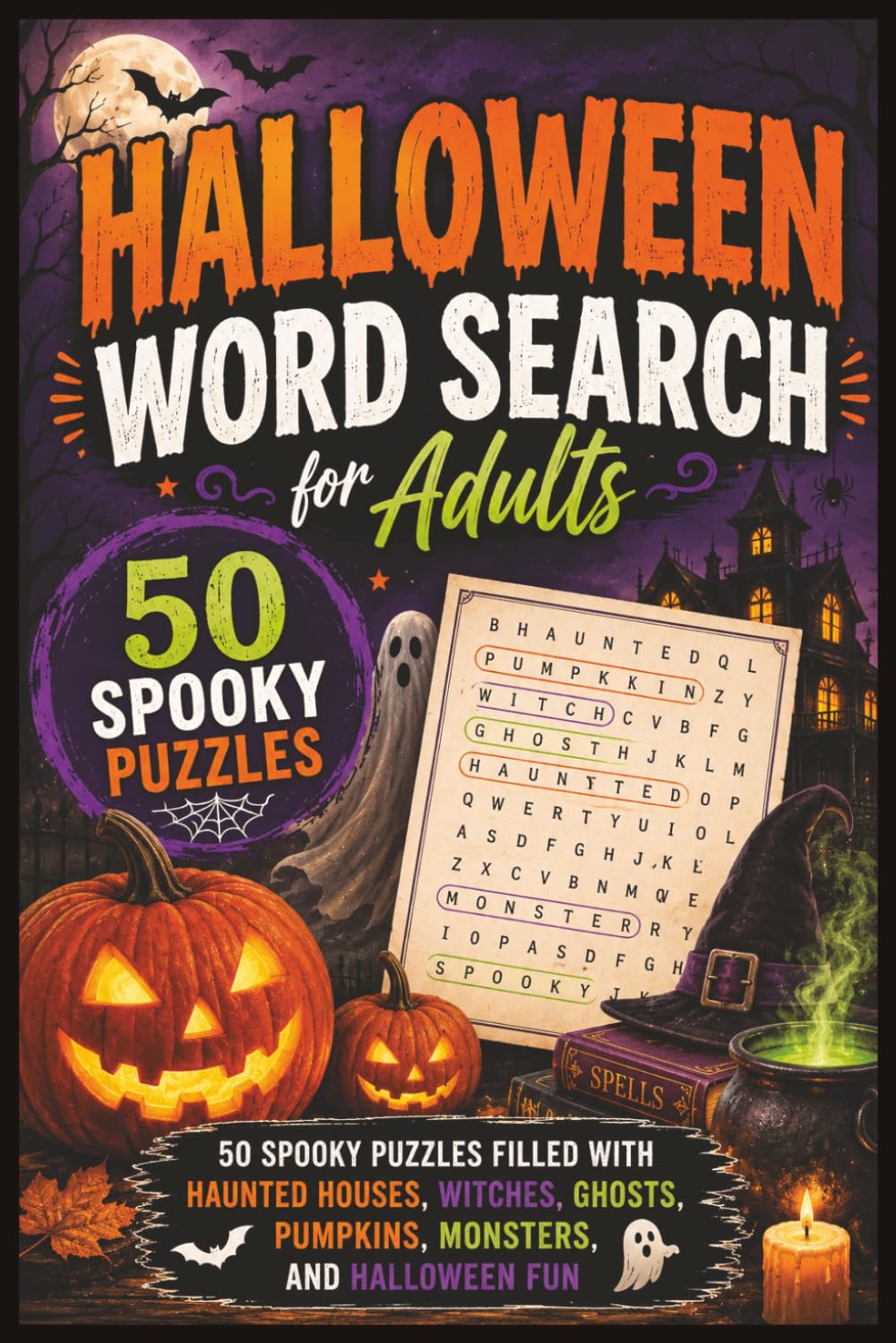 Halloween Word Search for Adults: 50 Spooky Puzzles Filled with Haunted Houses, Witches, Ghosts, Pumpkins, Monsters, and Halloween Fun (Word search books collection)