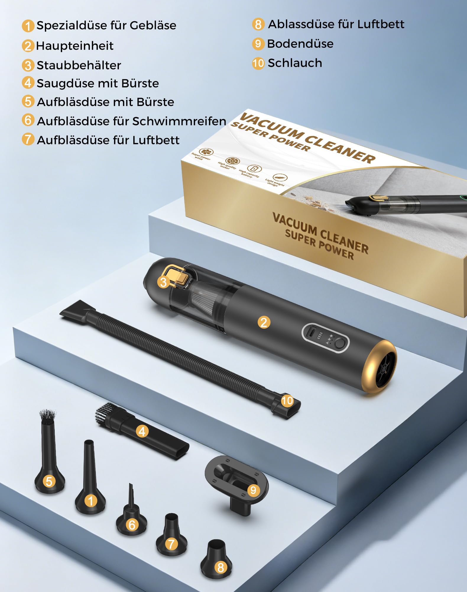 Handstaubsauger Akku,20 kPa Autostaubsauger,3 Leistungsstufen,Type-C Schnellladung Handstaubsauger kabellos,4-in-1:Saugen,Blasen,Aufblasen & Pumpen Goldener.