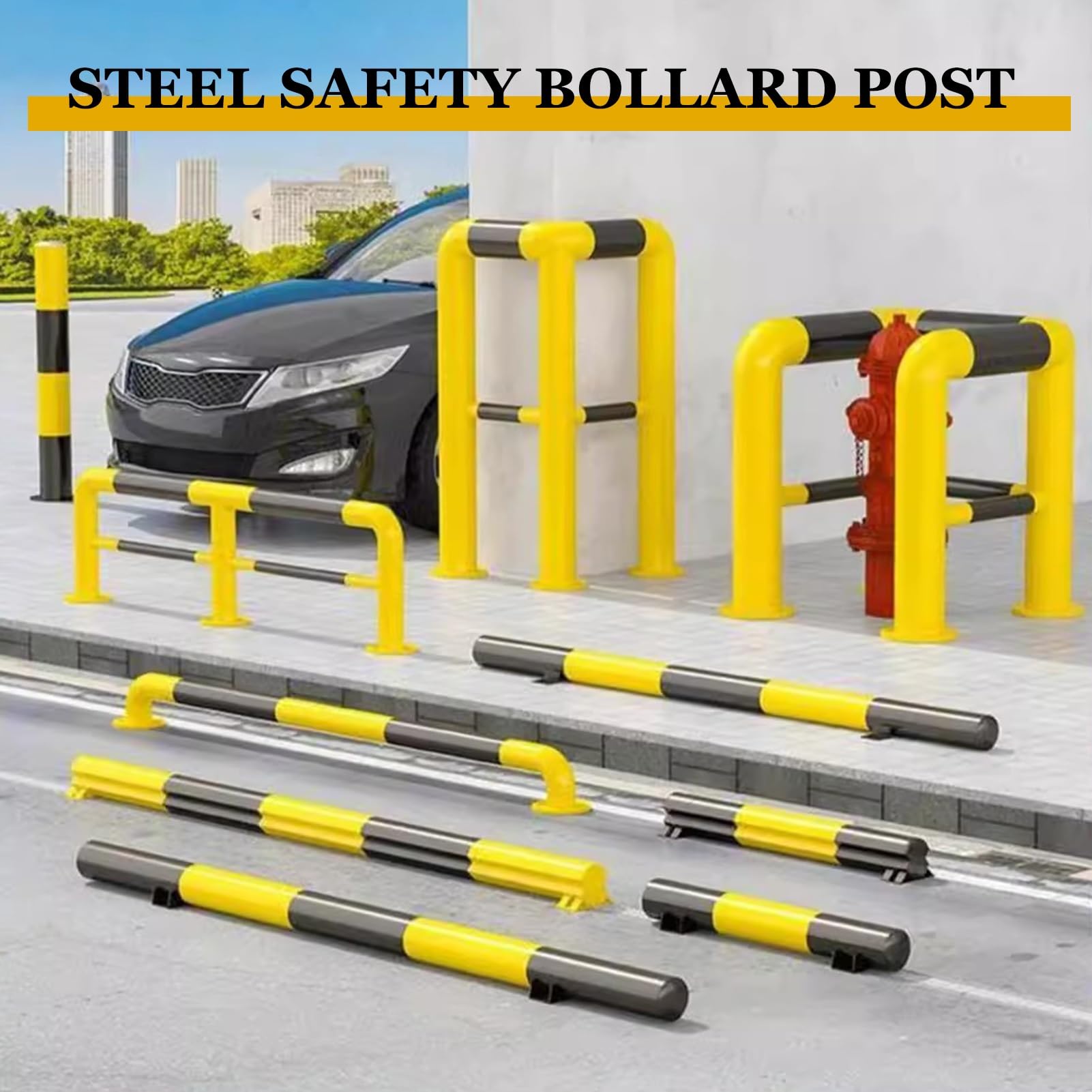 Poste de Bolardo Poste de bolardo seguridad 4 pulgadas altura, barra anticolisión barandilla en forma U con pernos anclaje: fácil instalación, placa base estable, alta visibilidad(47.2x4 in/120x10cm)