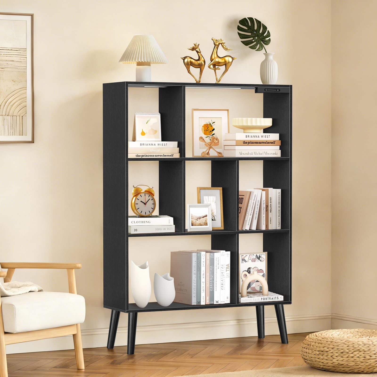 Libreria a 7 Cubi con Luci LED, Controllo Touch e Telecomando, Scaffale Moderno a Terra Dimmabile, Organizer in Legno Aperto per Soggiorno, Camera da Letto e Ufficio
