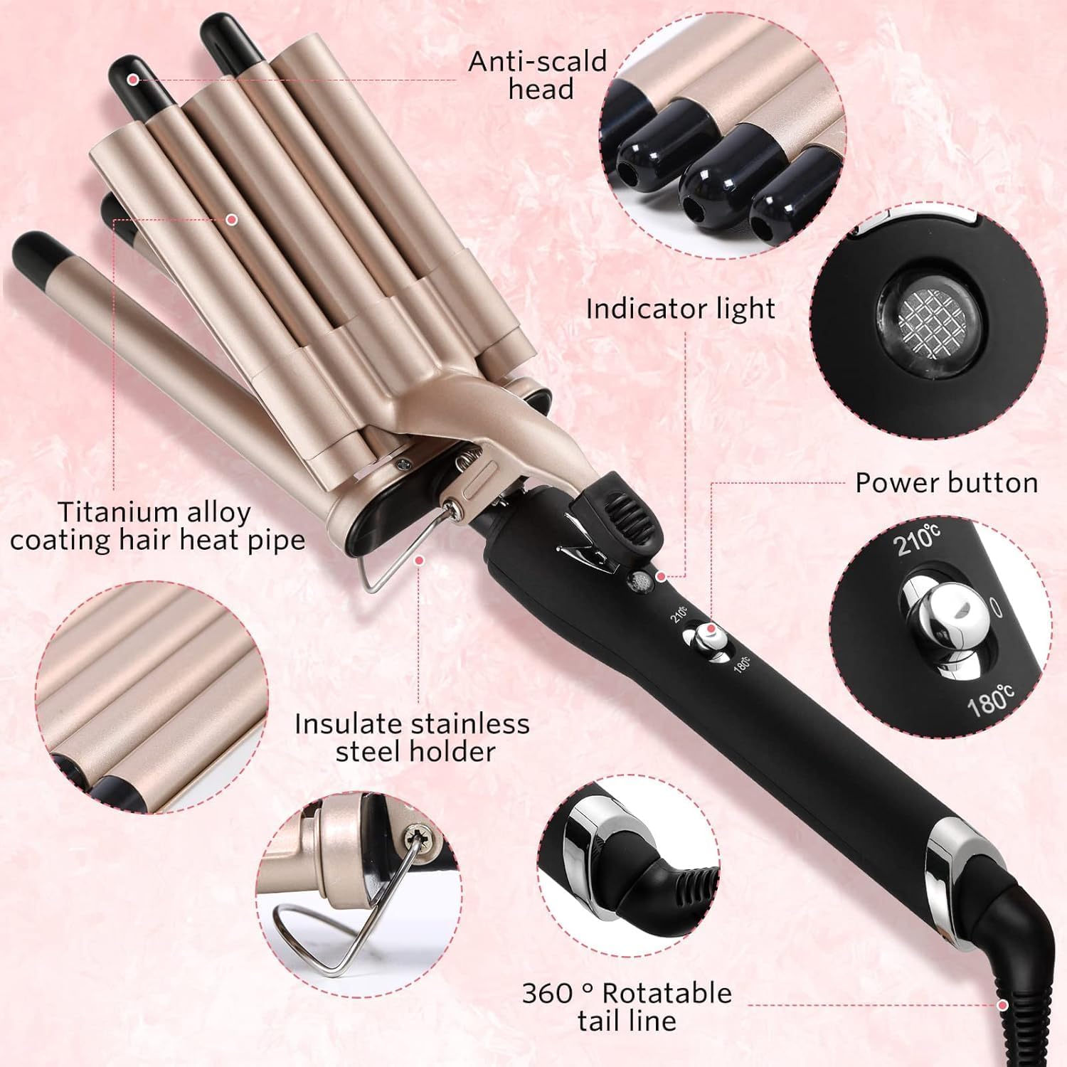 Hair Crimper Iron 5 Barrel, Curling Iron Wand 0.6 Inch Hair Waver Curler Ceramic Tourmaline Hair Styling Tool with Two Temperature Setting for Women Long/Short Hair