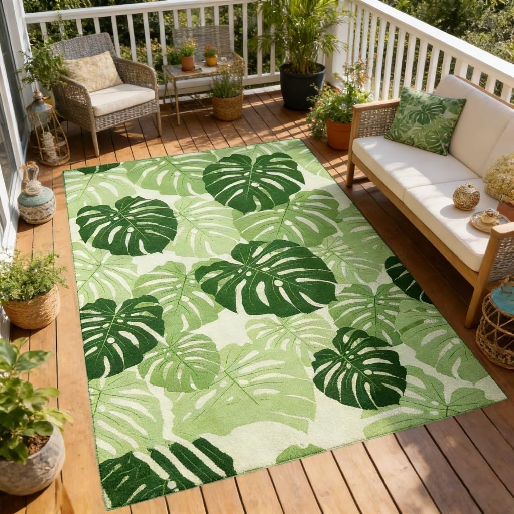 Mint Green Monstera Leaf Outdoor Rug 6x9 Tropical Plants Print Outdoor Carpet for Backyard Patio Porch Deck Balcony Camping Lightweight Easy Cleaning Outside Rugs Poolside Bathroom Non Skid Mats