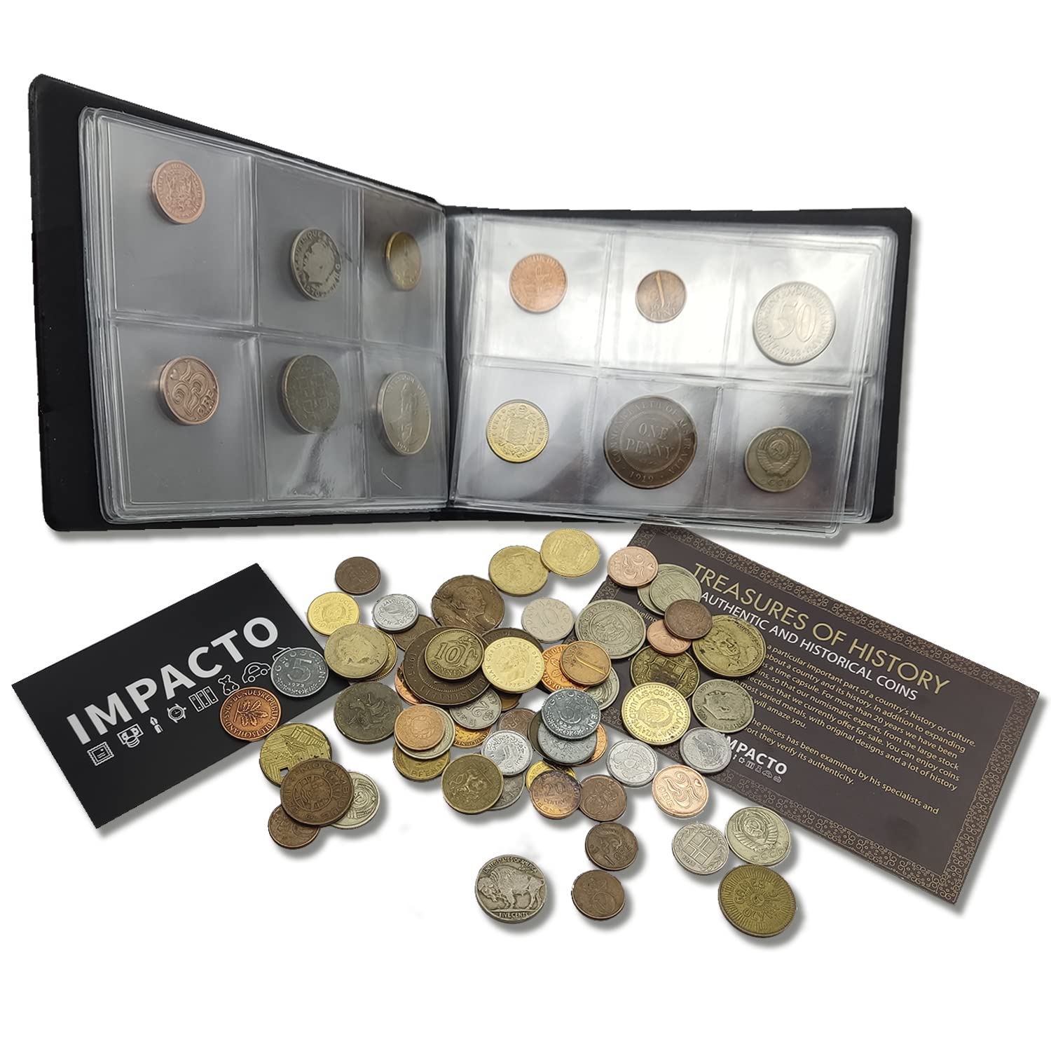 Assorted World Currency Set - Coin Album with 1/2 Lb. Expert-Inspected, Foreign Currency Coin Collection Plus 1 Indian Head/Buffalo Nickel Coin Included with Certificate of Authenticity.