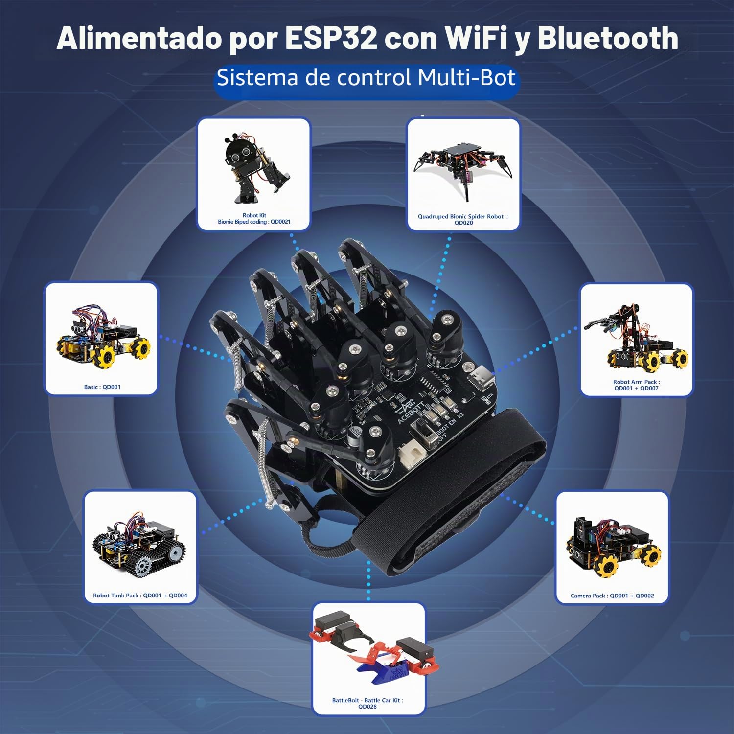 Guante inalámbrico ESP32 con detección de movimiento, compatible con Arduino, ACECode y Python, kit de robot DIY, mano mecánica, juguete STEM, brazo de cinco dedos para codificación, kit de robot